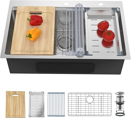 Miniatura 7 de Fregadero de cocina de 33 x 22 pulgadas, montaje superior caído, calibre 16, radio apretado, cuenco individual, fregadero de cocina de acero