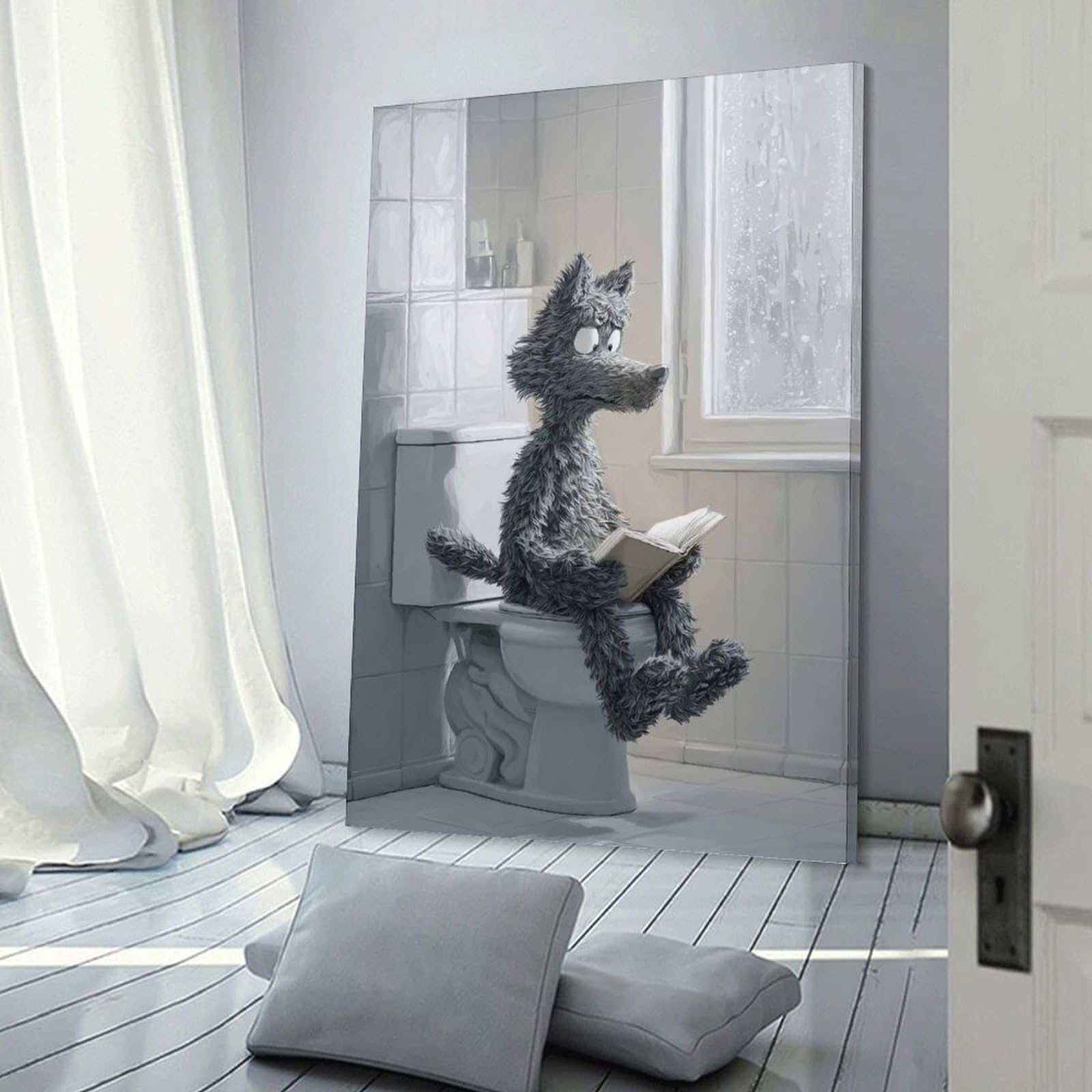 Junmoney Wolf Reading on Toilet During Rain Room Decor Wall Art 16x24inch(40x60cm), for Bedroom, Guest Room Or Reading Nook, An Easy Wall Refresh for Bedrooms