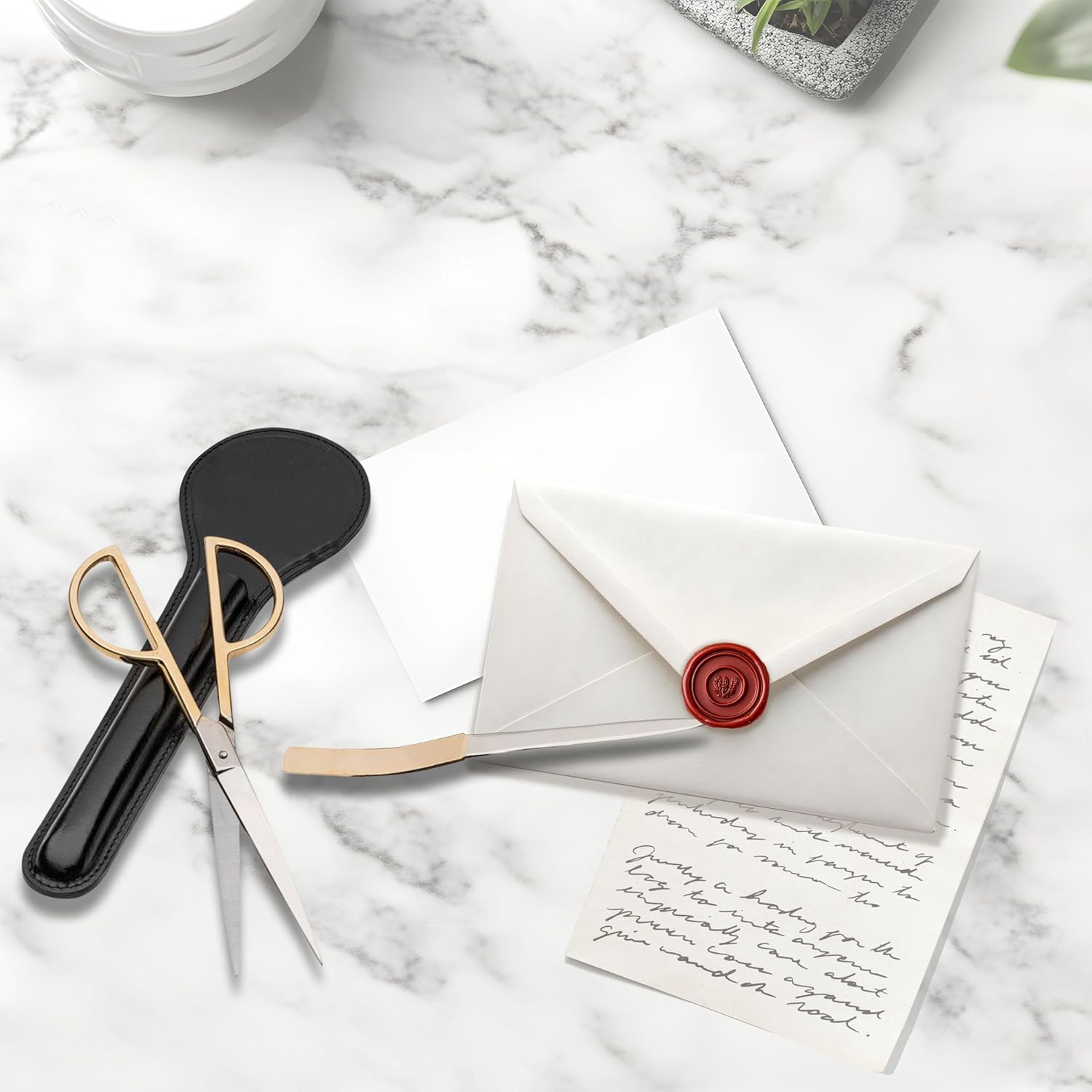 3-Piece Letter Opener Envelope Slitter and Desk Scissors Set with Leather Case - Office Desk Accessories with Gold-Plated Handles and Steel Blades - Made in Italy by Kings County Tools