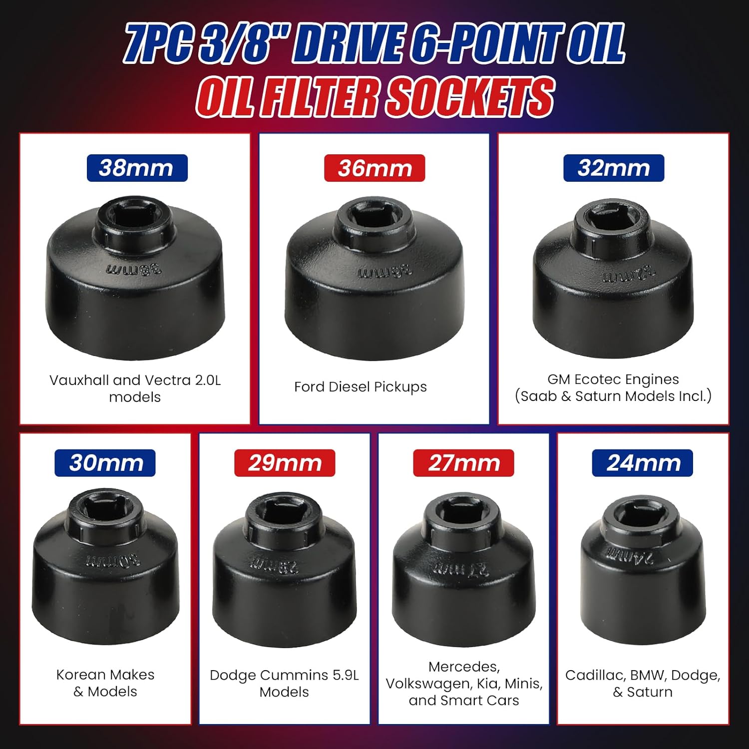 NYXOVA 10PC Oil Filter Wrench Set, Metric Oil Filter Cap Socket Kit, 3/8" Drive, Includes 24-65mm Sizes, Low Profile Removal Tools for Oil Change, Compatible with Toyota, BMW, Mercedes, VW
