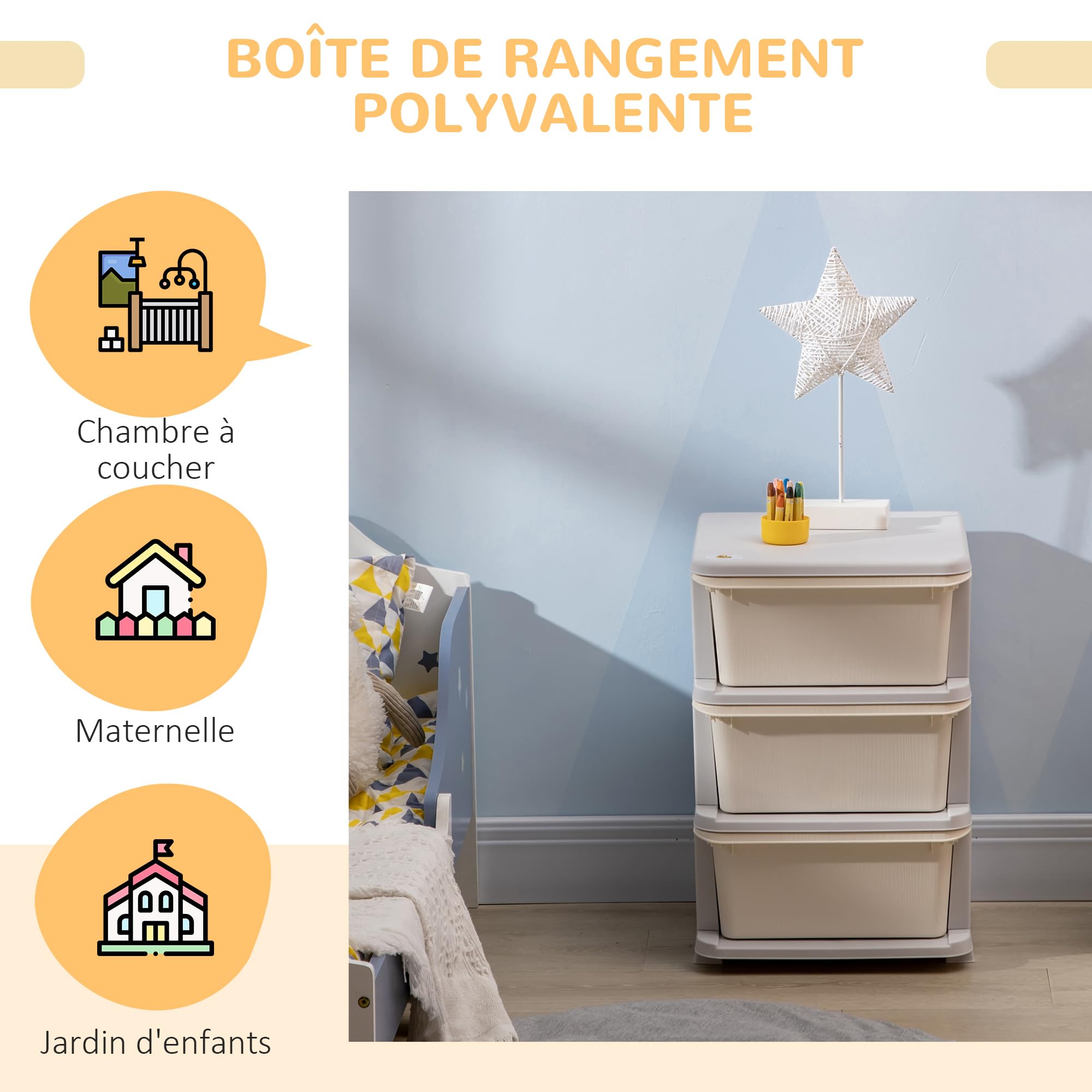 HOMCOM Tour de Rangement en Plastique pour Enfants avec 3 tiroirs, boîtes de Rangement, tiroirs Rangement Jouet pour Chambre d'enfant, crèche, Salon, pour garçons et Filles 3-6 Ans, crème