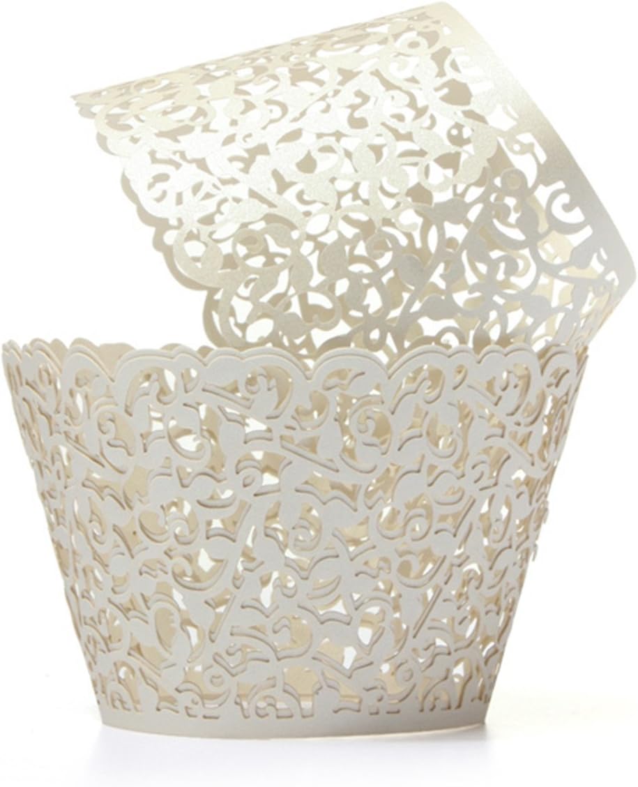 Erosion Cupcake Wrappers 60 Filigree Artistic Bake Cake Paper Cups Little Vine Lace Laser Cut Liner Baking Cup Muffin Case Trays for Wedding Party Birthday Decoration (Cream)