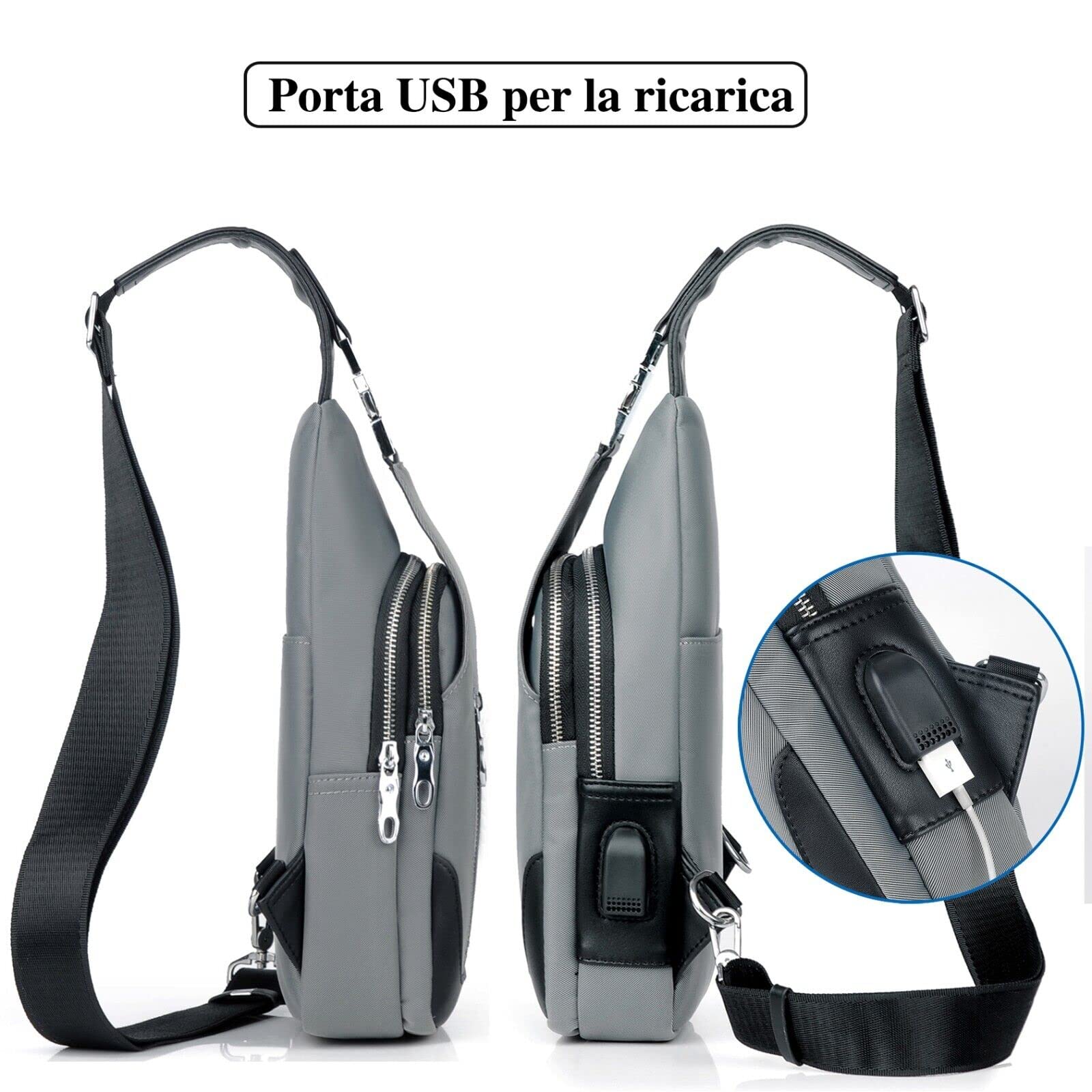 Mixroom - Monospalla Uomo Borsa Marsupio zaino zainetto borsello a tracolla petto USB Z27