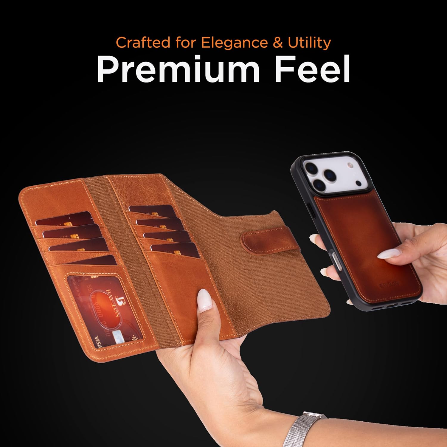 Bayelon Wallet Case for iPhone 17 Pro, Trifold Leather Wallet, Detachable Magnetic Flip Folio Cover, Card Holder for Men and Women, MagSafe Compatible, RFID - Vintage Brown - Image 8