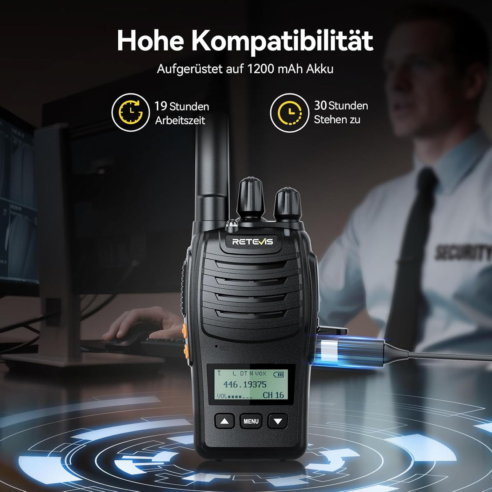 Retevis H777D Funkgeräte Professional, Walkie Talkie mit 10-Wege-Ladegerät, PMR Funkgerät LCD-Display, 1200 mAh Akku, Typ-C-Ladung, Funkgeräte Set mit Headset für Sicherheit, Hotel (10er-Pack)