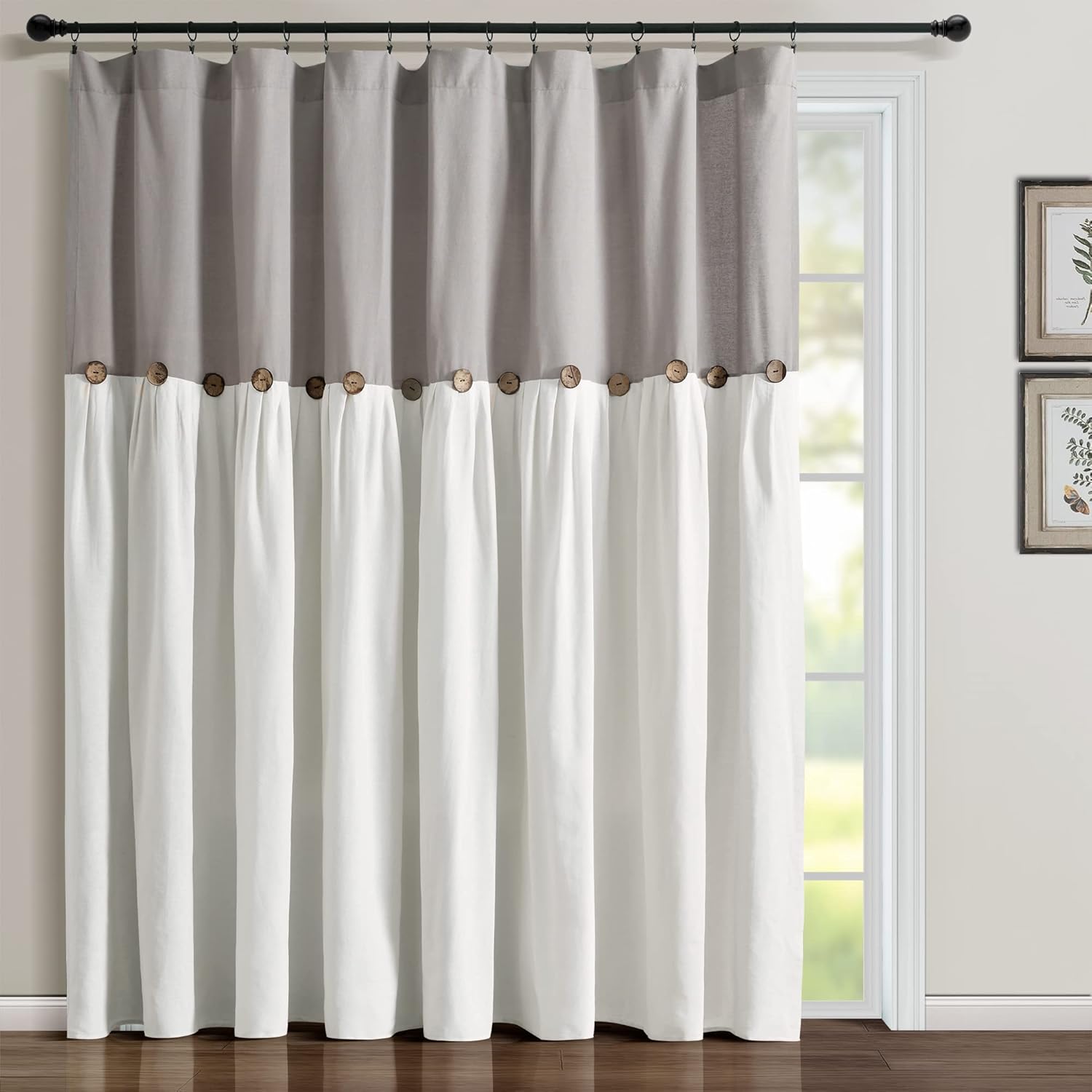 Lush Decor Linen Button Window Curtain Panel, Single, 100" W x 84" L, Gray & White - Country Curtains - Extra Wide Curtains - Color Block Farmhouse Curtains For Living Room, Bedroom & Dining Room Gray & Off-white 100"W x 84"L Light Filtering