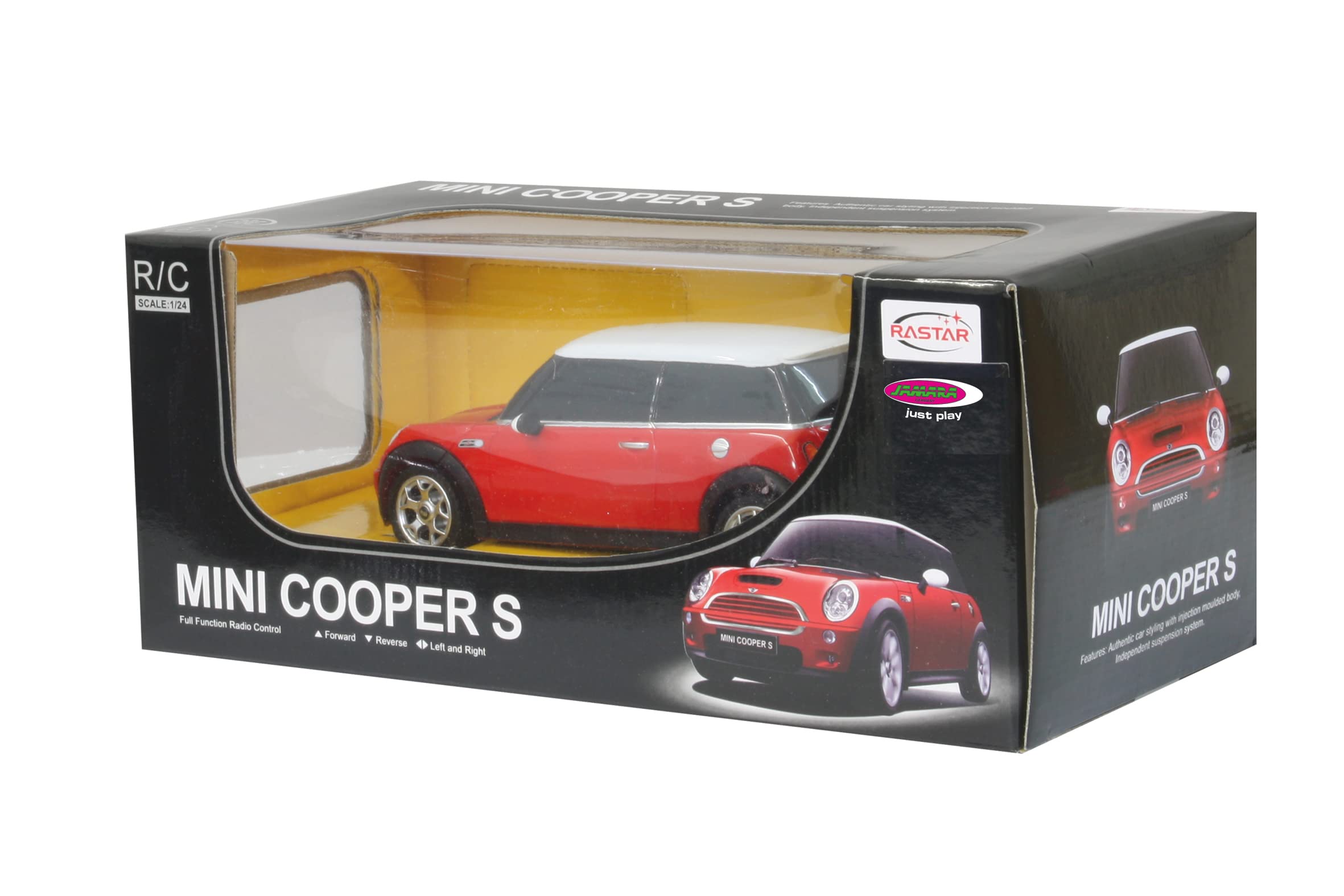 Jamara 404035 Mini Cooper Auto S 1:24 2,4 GHz oficjalnie licencjonowany, 1 godzina jazdy przy ok. 9 km/h, idealnie odtworzone detale, wysokiej jakości wykonanie, czerwony
