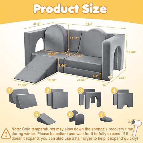 Miniatura 2 de Sofá modular de juego de 14 piezas para niños pequeños, sala de juegos, dormitorio, más de 500 dólares, sofá para niños, niñas y adolescentes (gris)