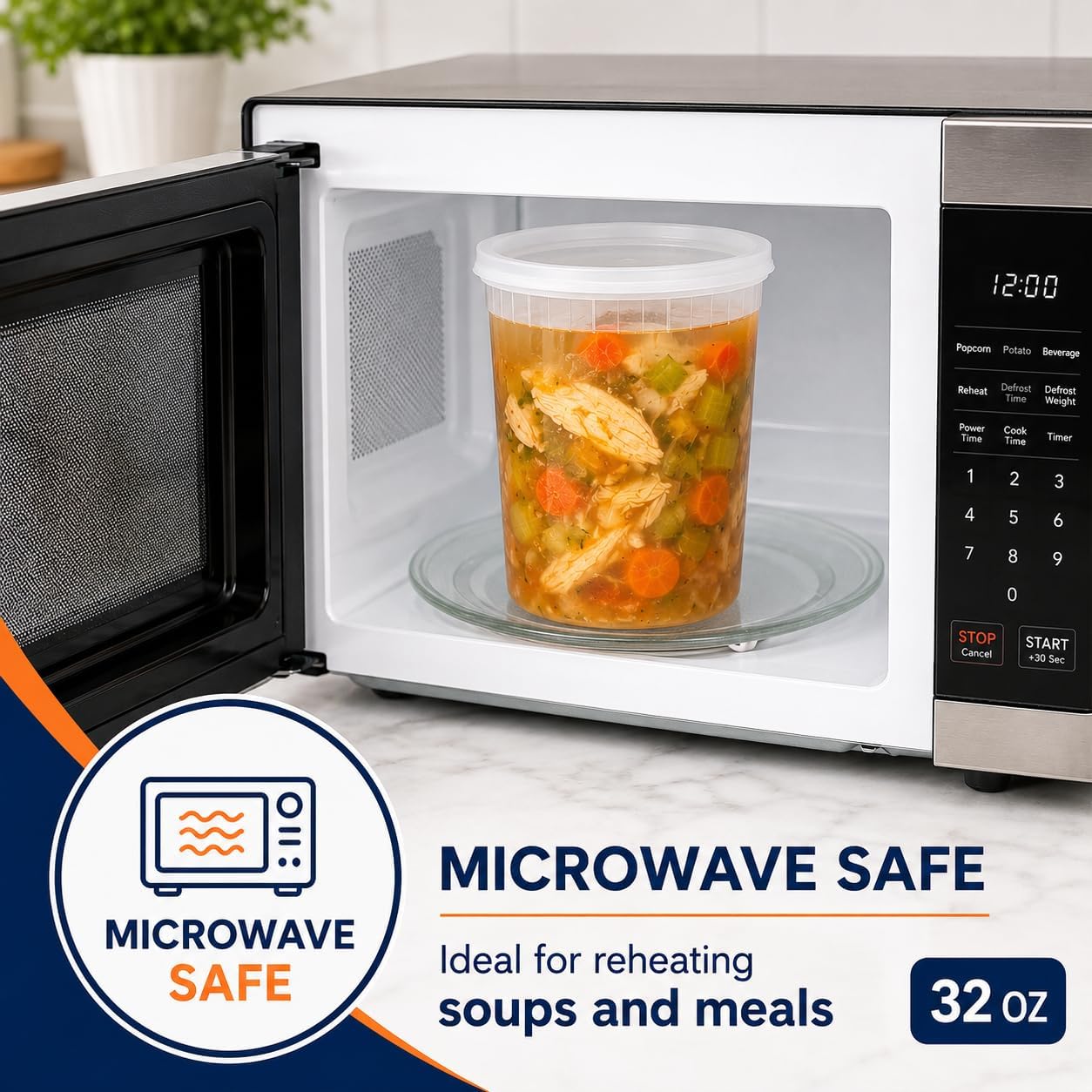 32 oz Deli Containers with Lids, 48 Pack, BPA Free Clear Food Storage Containers, Leak Resistant Plastic Soup Containers, Microwave/Freezer/Dishwasher Safe, Reusable Round Plastic Containers