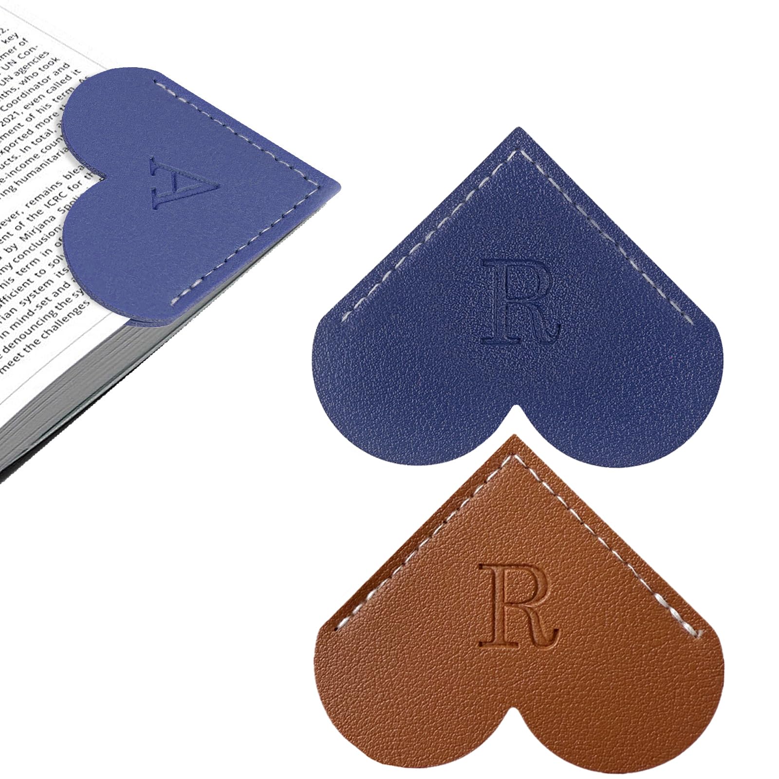 2Pcs Personalized Leather Heart Bookmark with Initial, 26 Letters Custom Corner Page Book Mark for Reading Women, Book Lovers, Teachers, Students,