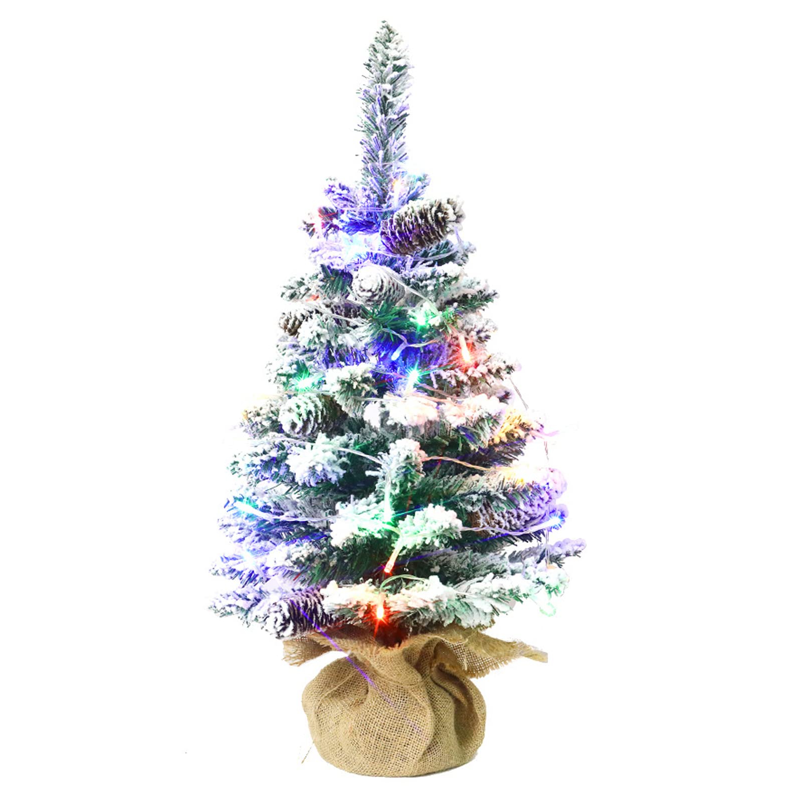 Mini Sapin de Noël Artificiel Mini Sapin de Noël Sapin de Noël Artificiel Floqué en Neige Sapin de Noël Miniature avec Base en Lin pour Décorations de Noël (60CM avec lumière