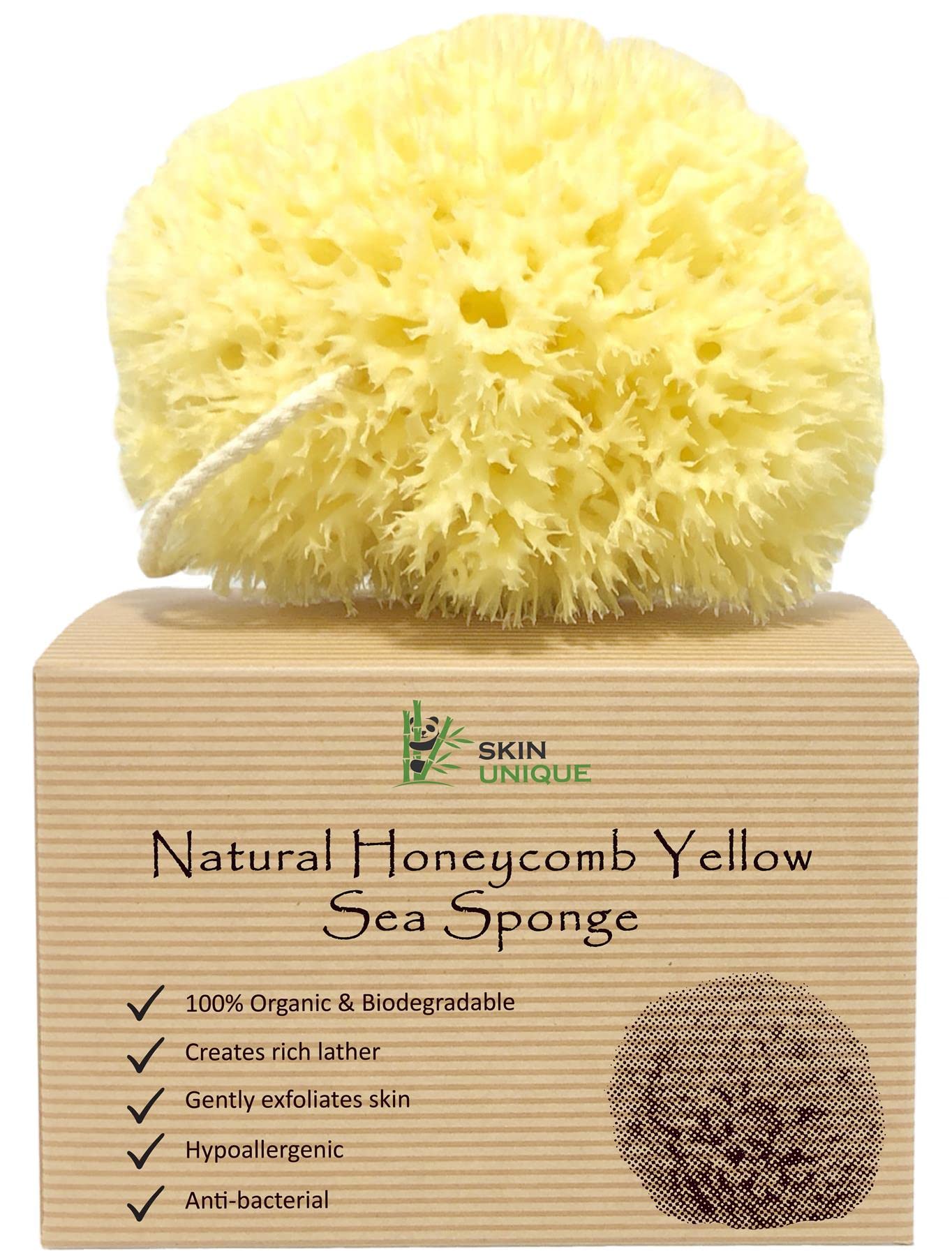Skin Unique Mediterranean Yellow Natural Sea Sponge in Gift Box - Honeycomb, Strong, Durable - 100% Organic, Hypoallergenic - for Children and Adults - Bath, Shower, Cleansing, Pets