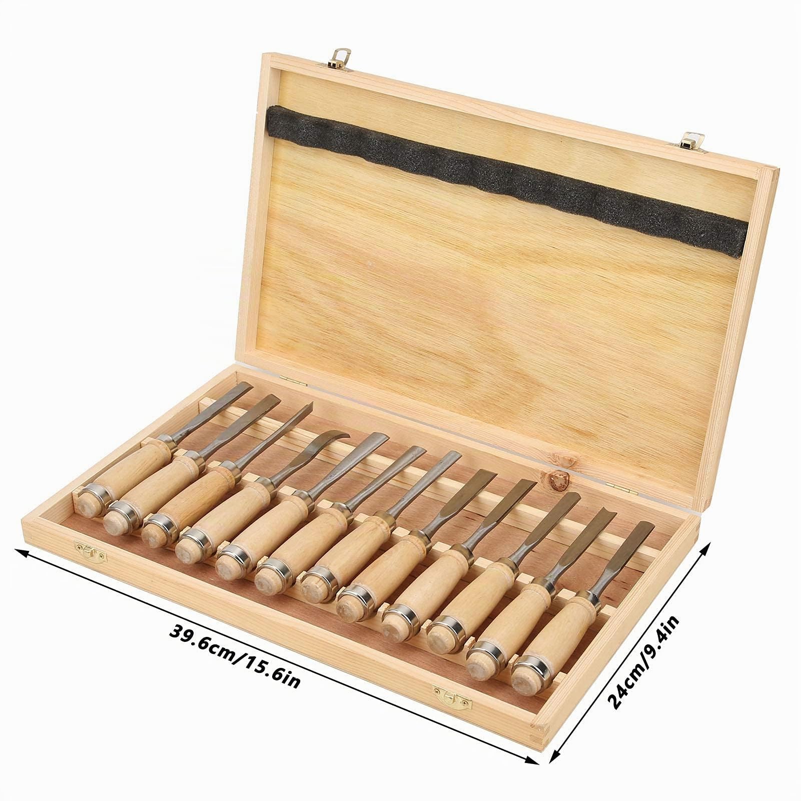12 Pièces Outils de Sculpture sur Bois, Jeu de Ciseaux à Bois avec Manche en Bois et Moulinet Couteau à Sculpter Outil de Sculpture pour Débutants, Graveurs et Artistes