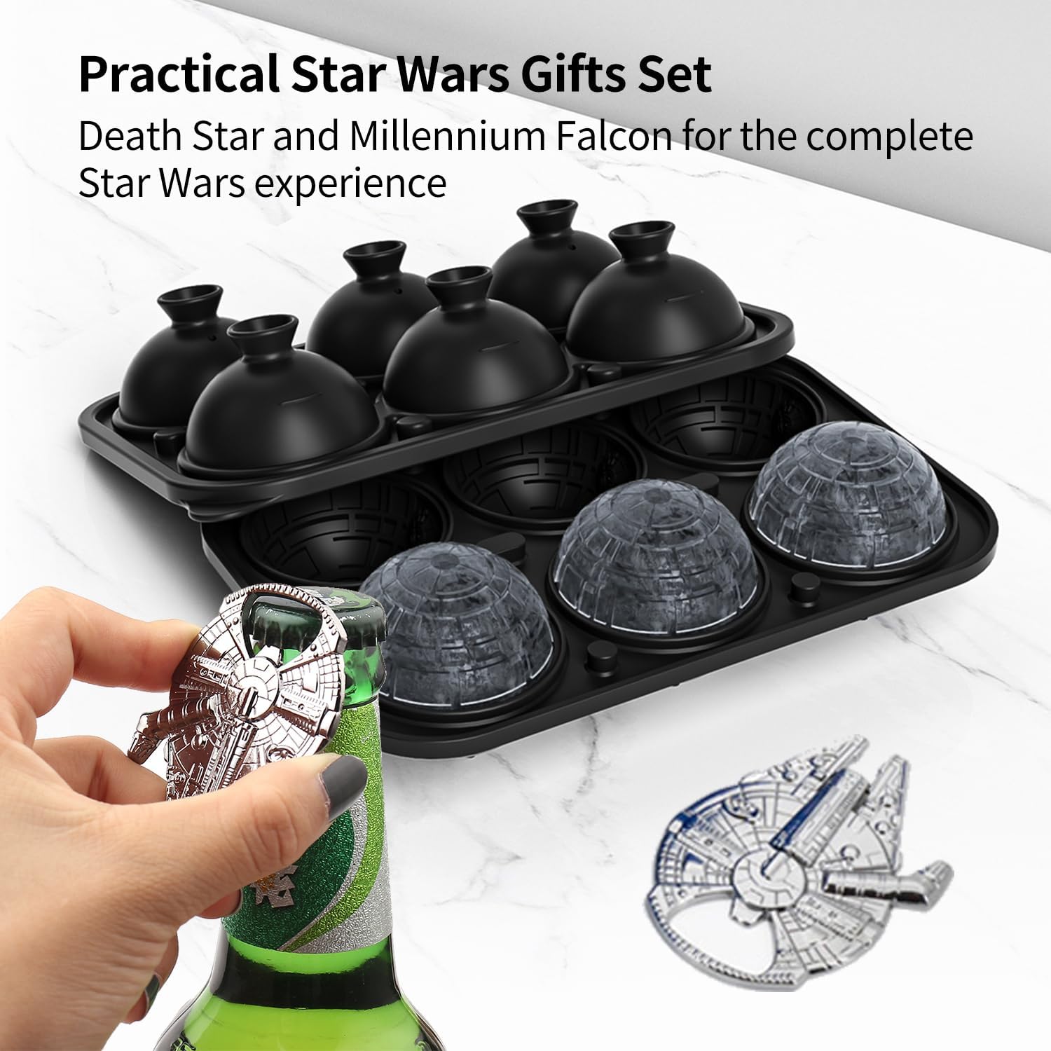 Death Star Ice Cube Mold with Millennium Falcon Bottle Opener,6-Cavity 3D Star War Ice Cube Tray for Whiskey, Cocktails, Bourbon.Funny Whiskey Gifts for Men