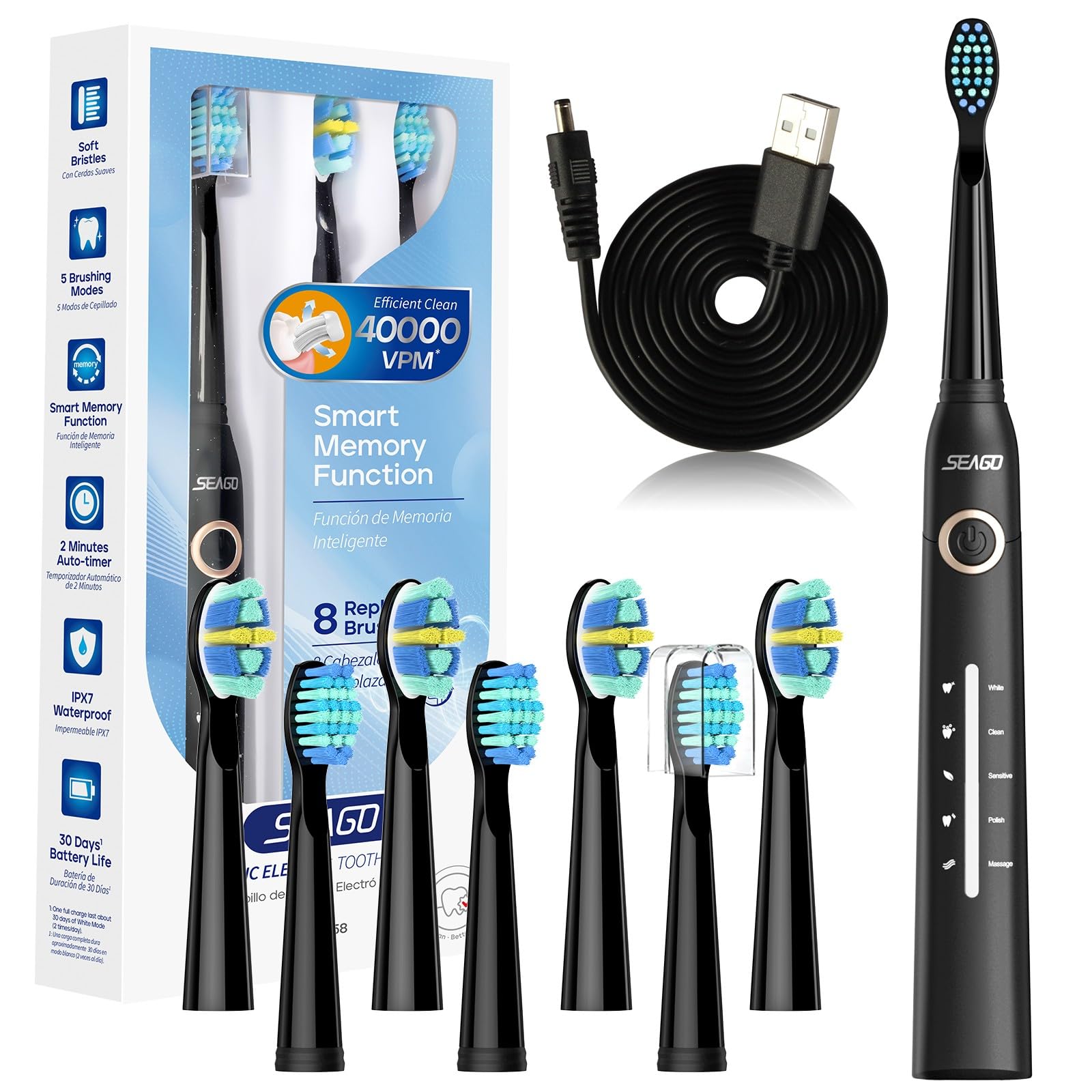 Seago Spazzolino Elettrico Spazzolino Da Viaggio Spazzolini Elettrici Per Adulti e Bambini 8 Testine Spazzolino 5 Modalità Spazzolino Da Denti Ricaricabile SG-958 (Nero)