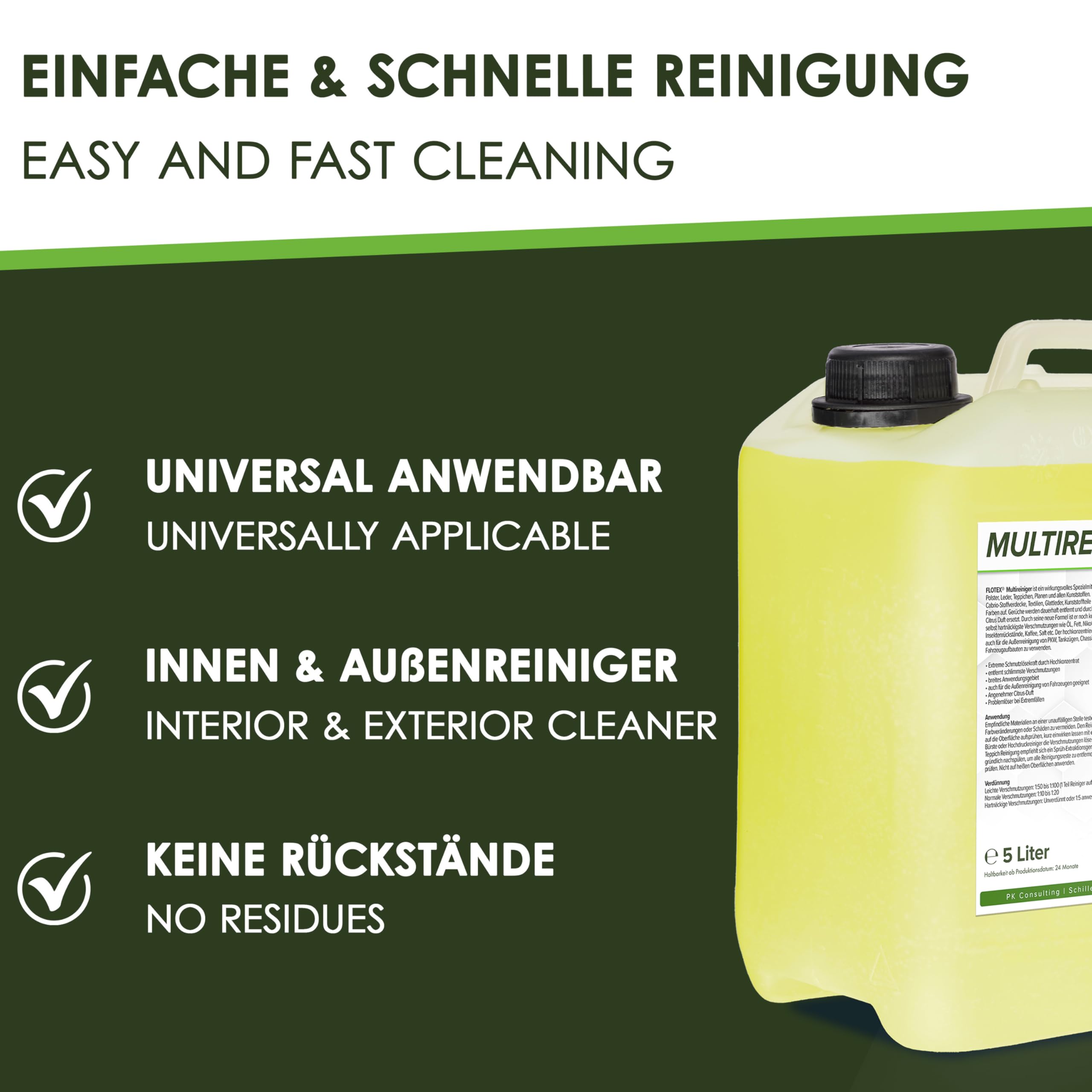 Ergiebiger Multireiniger 4x5L Kanister Auto Reiniger | Kunststoffreiniger und Autoreinigung von Innen und Außen | Polsterreiniger Auto und Teppichreiniger