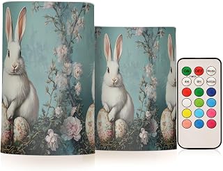 Easter 2 Pack Plastic Flameless Candles Easter Eggs Rabbit Battery Operated with Remote and Timer Real Wax LED Flickering Pillar Candles Set Window Decor