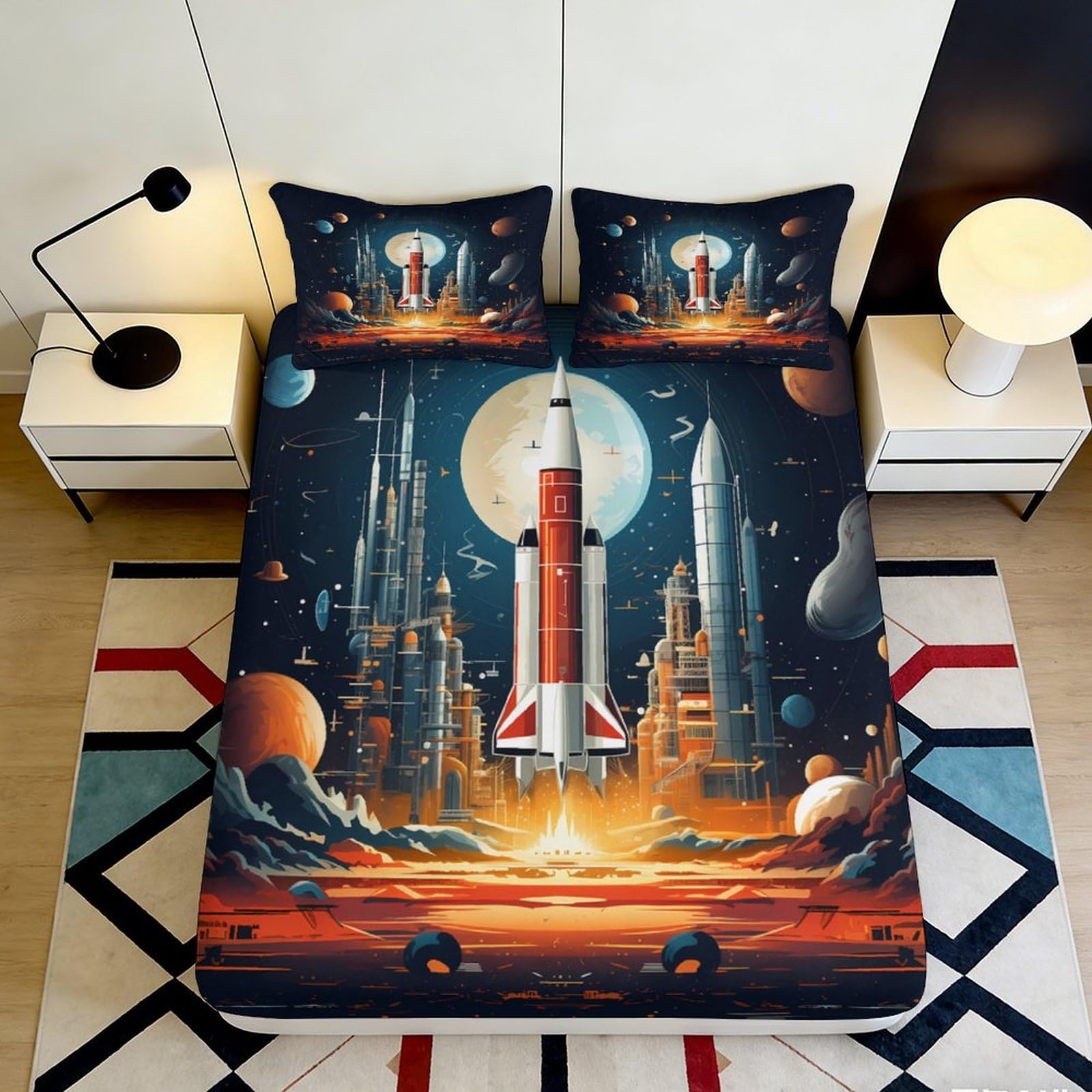 3D Printed Space Rocket Fitted Sheet Microfiber Soft Breathable Cosmic City Mattress Cover for Bedroom Dormitory Guest Room Mattress Protection Decor 140x200x25cm
