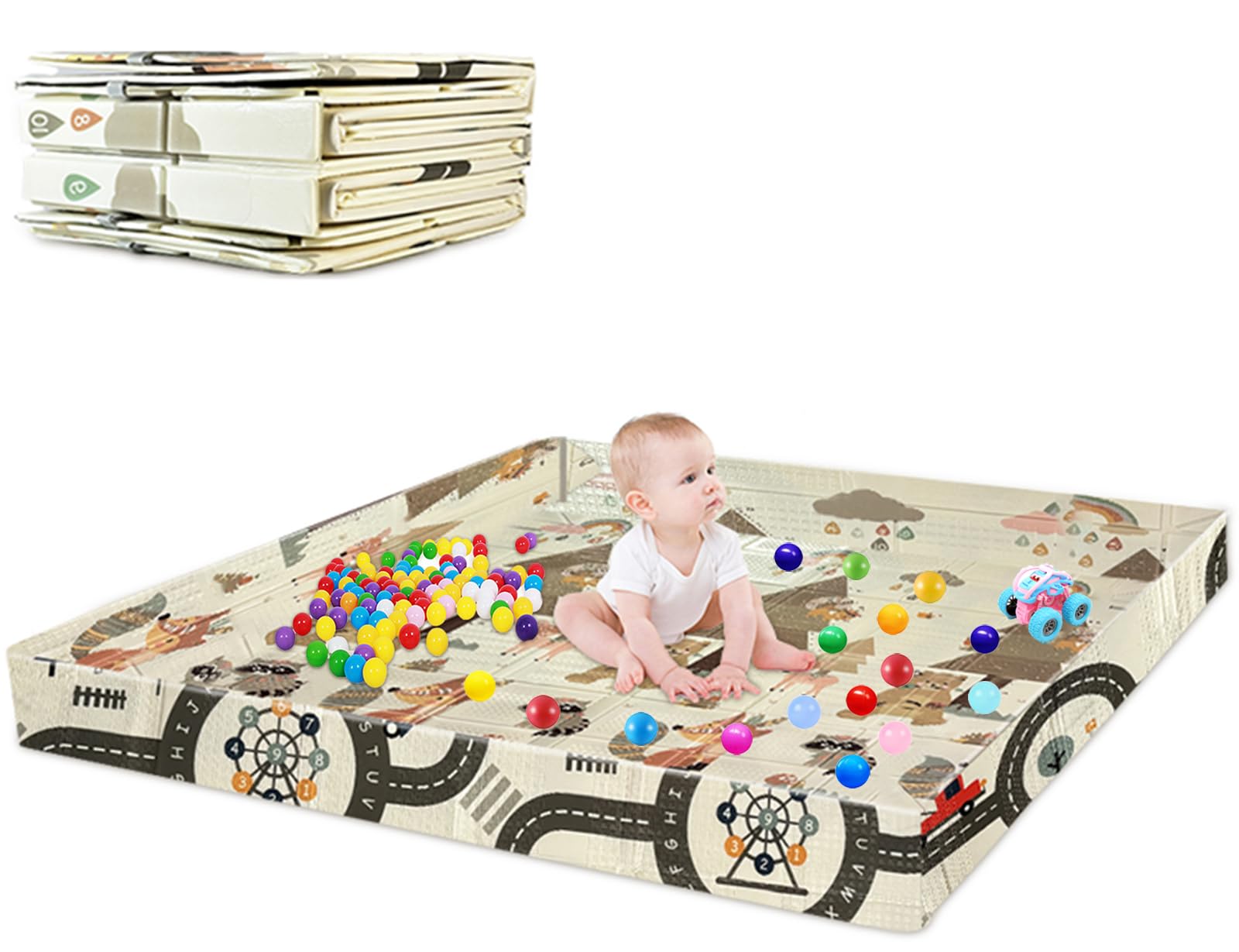 Baby Play Mat Foldable Baby Floor Mat Foam Playmat for Babies 71"x 60" Baby Crawling Mat Thick 0.23", Reversible Baby Mat for Floor with Fold-Up Sides and Travel Bag, Non Slip, Waterproof