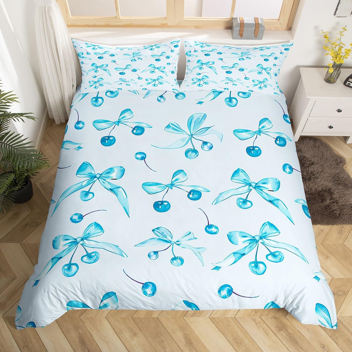 Loussiesd Kawaii Oriental Cherry Bedding Set Double Size Girls Princess for Boys Girls Teens Bedroom Decor Watercolor Bow Duvet Cover Cute Fruit Breathable Soft Lightweight Microfiber 3 Pcs