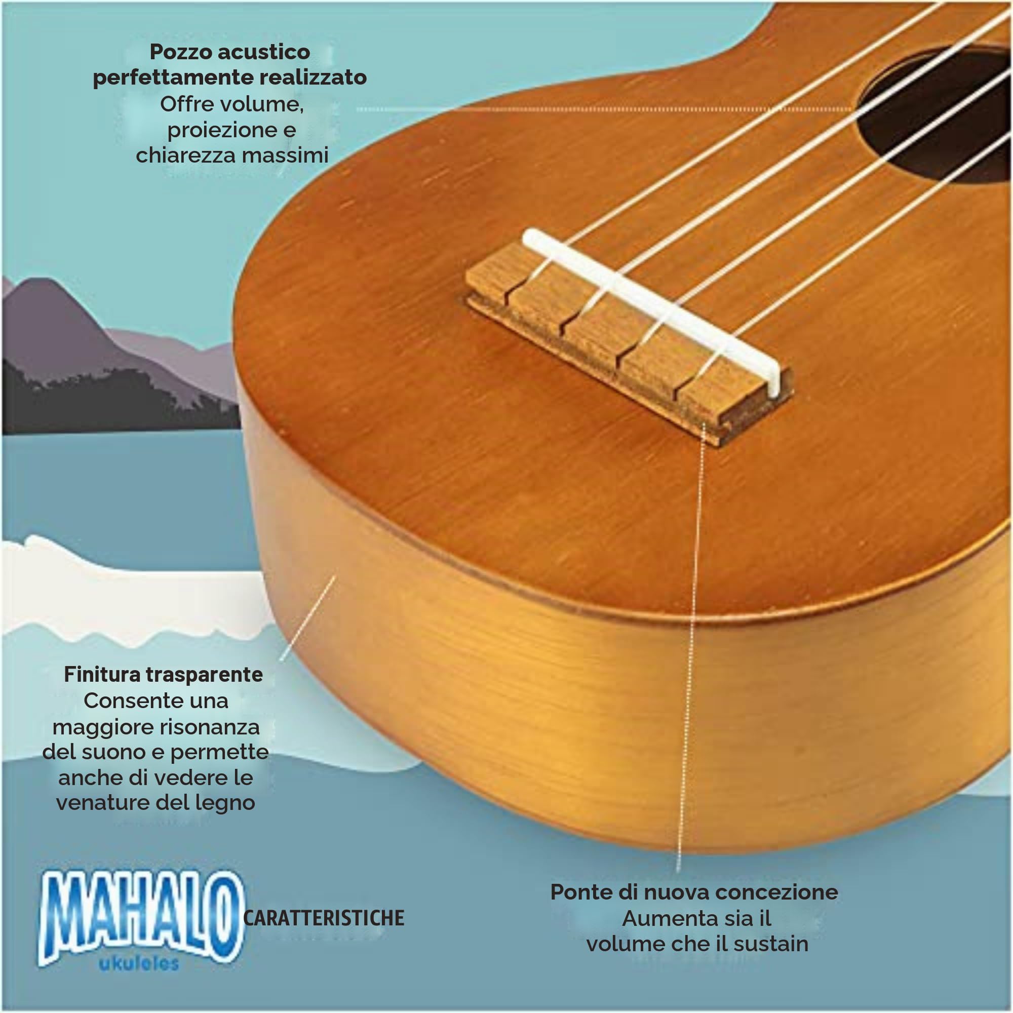 Mahalo Kahiko Ukulele colore naturale satinato con copertura