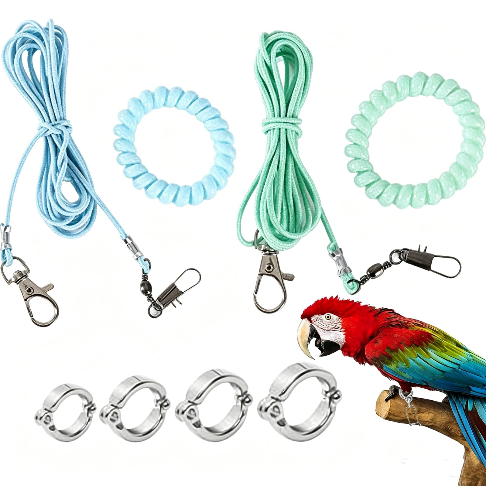 Bird Harness and Leash Set with Leg Rings, Outdoor Flight Training Equipment for Small Parrots, 2 Meter Blue and Green Ropes with Size 4 5 6 7 Leg Rings-image-35