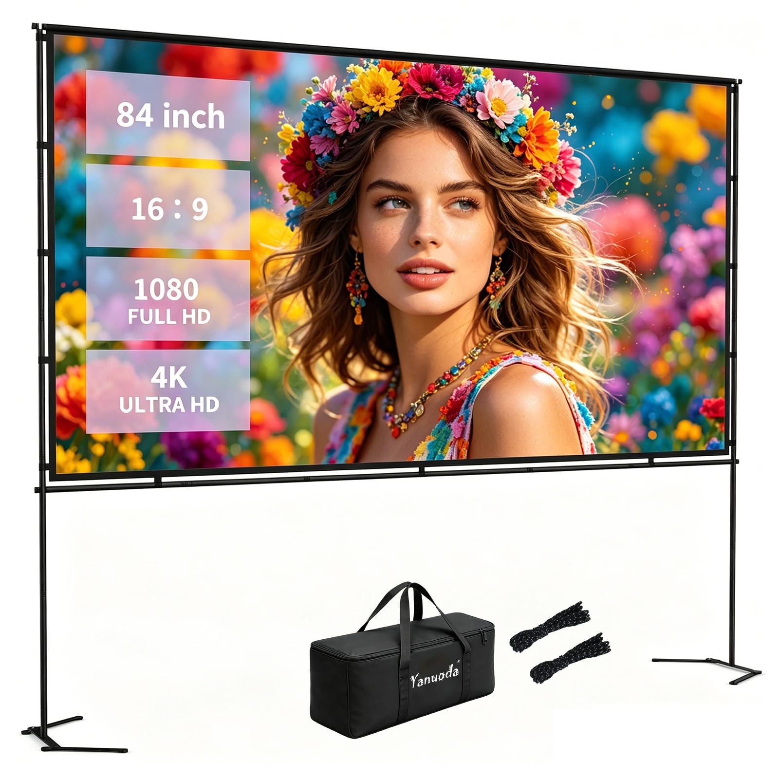 Pantalla de Proyector con Soporte 84 Pulgadas, 4K Ultra HD Sin Arrugas, Formato 16:9 Real, Ángulo Visión 160° - Pantalla Proyección Portátil Interior Exterior para Cine en Casa, Jardín y Camping