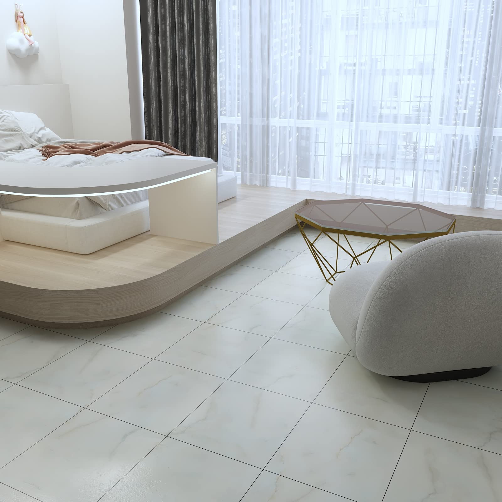 VEELIKE PVC Adesivo Pavimento Marmo Bianco Grigio Piastrelle Adesive Pavimento Bagno Impermeabile Piastrelle Adesive Cucina Pavimenti PVC Adesivi Camera da Letto Garage 1.5mm 30cm×30cm 24 Pezzi