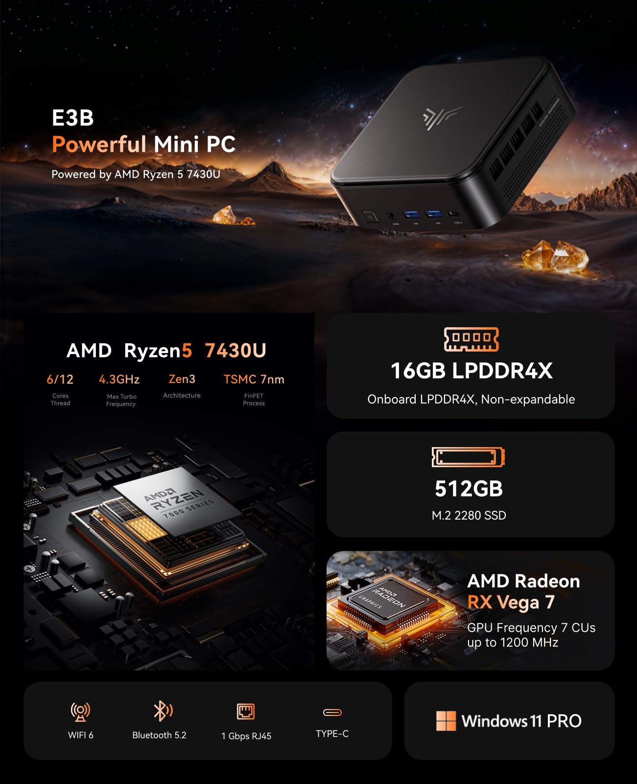NiPoGi E3B Mini PC, AMD Ryzen 5 7430U 16GB LPDDR4 512GB SSD Mini Ordenador de Sobremesa, Triple Monitor 4K@60Hz (HDMI 2.0/ USB-C/ DP1.4), WiFi 6/ BT5.2 para Hogar, Oficina y Empresa