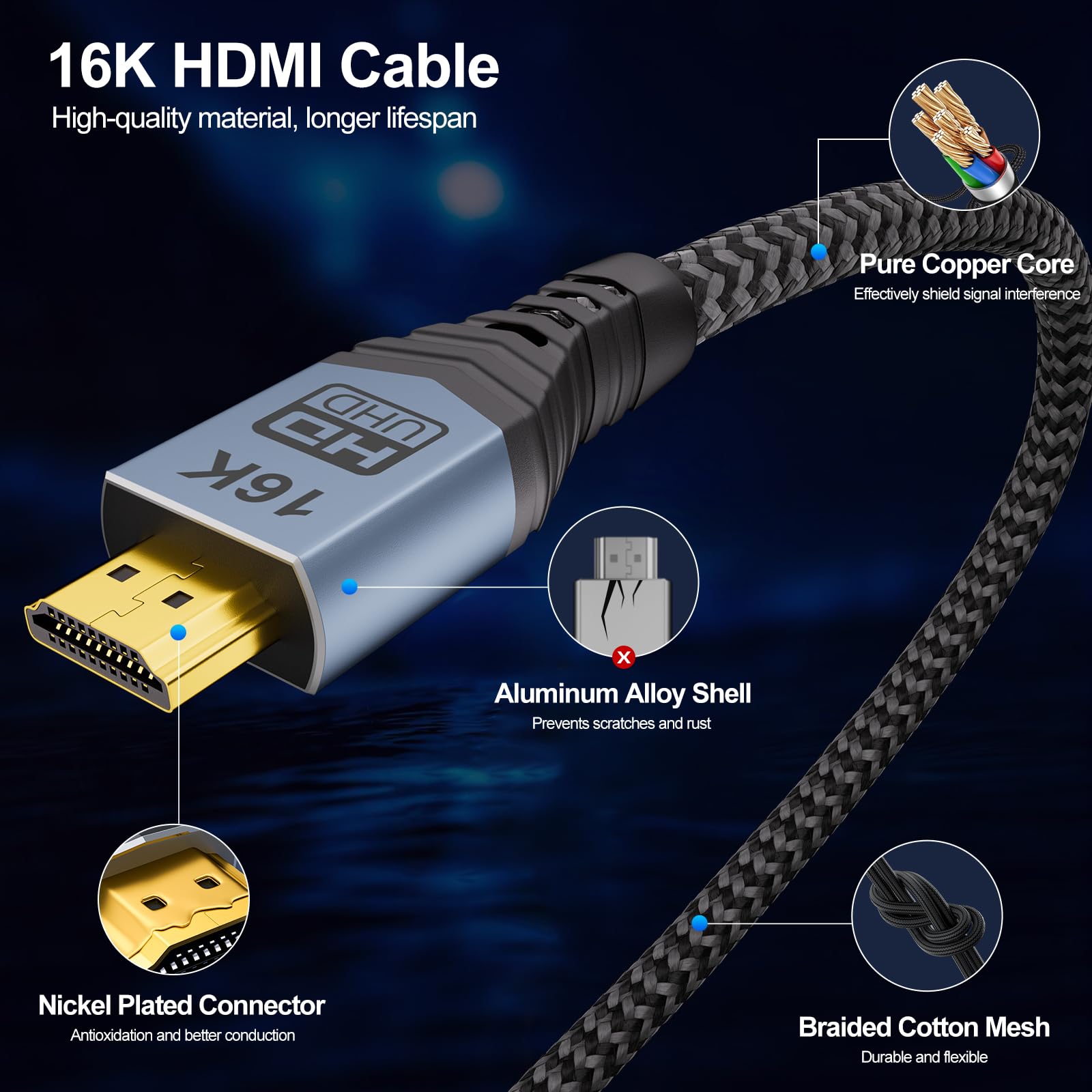 HDMI 2.2 Kabel 5m, 96Gbps Ultra High Speed Hdmi Kabel Unterstützt 16K@60Hz 8K@240Hz 4K@480Hz, eARC, HDR10+, HDCP 2.3, Dolby Vision für PS5, Xbox, Laptop, PC, Soundbar, Fernseher & Monitor
