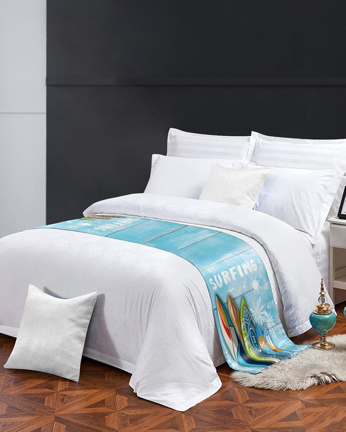 Smile Sunflower Bed Runner Scarf Summer Surfing Bedding Scarf Decorative Bed Runners Cover for Home Bedroom Hotel Wedding Room Bed Scarf for Foot of Bed King 102x20in