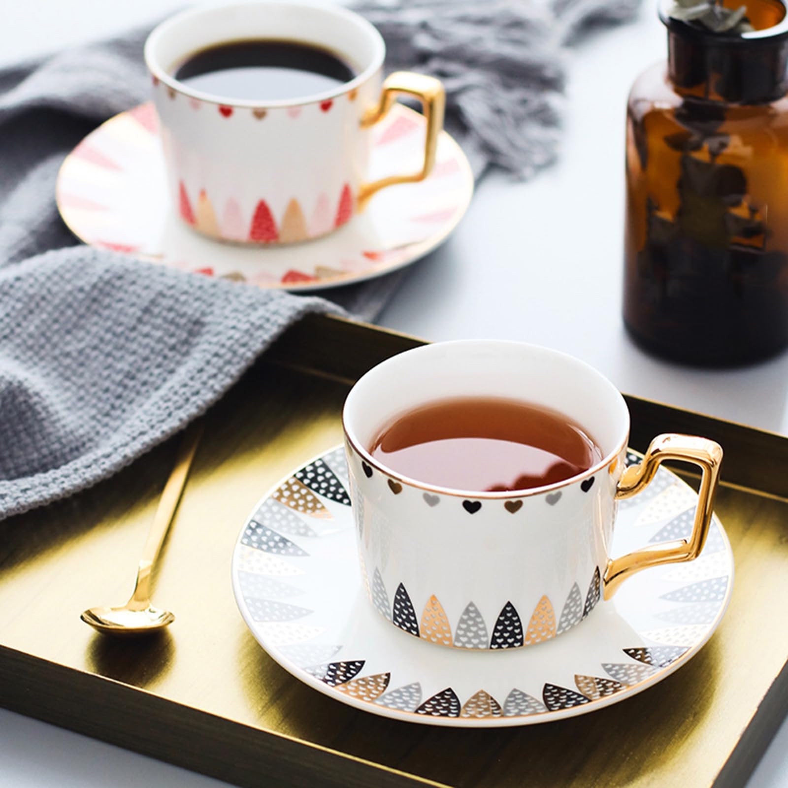 Juego de tazas de café y platillo, tazas de porcelana con estampado animal para capuchino, té, espresso, tazas de café coloridas para uso doméstico y de oficina, juego de 6 piezas