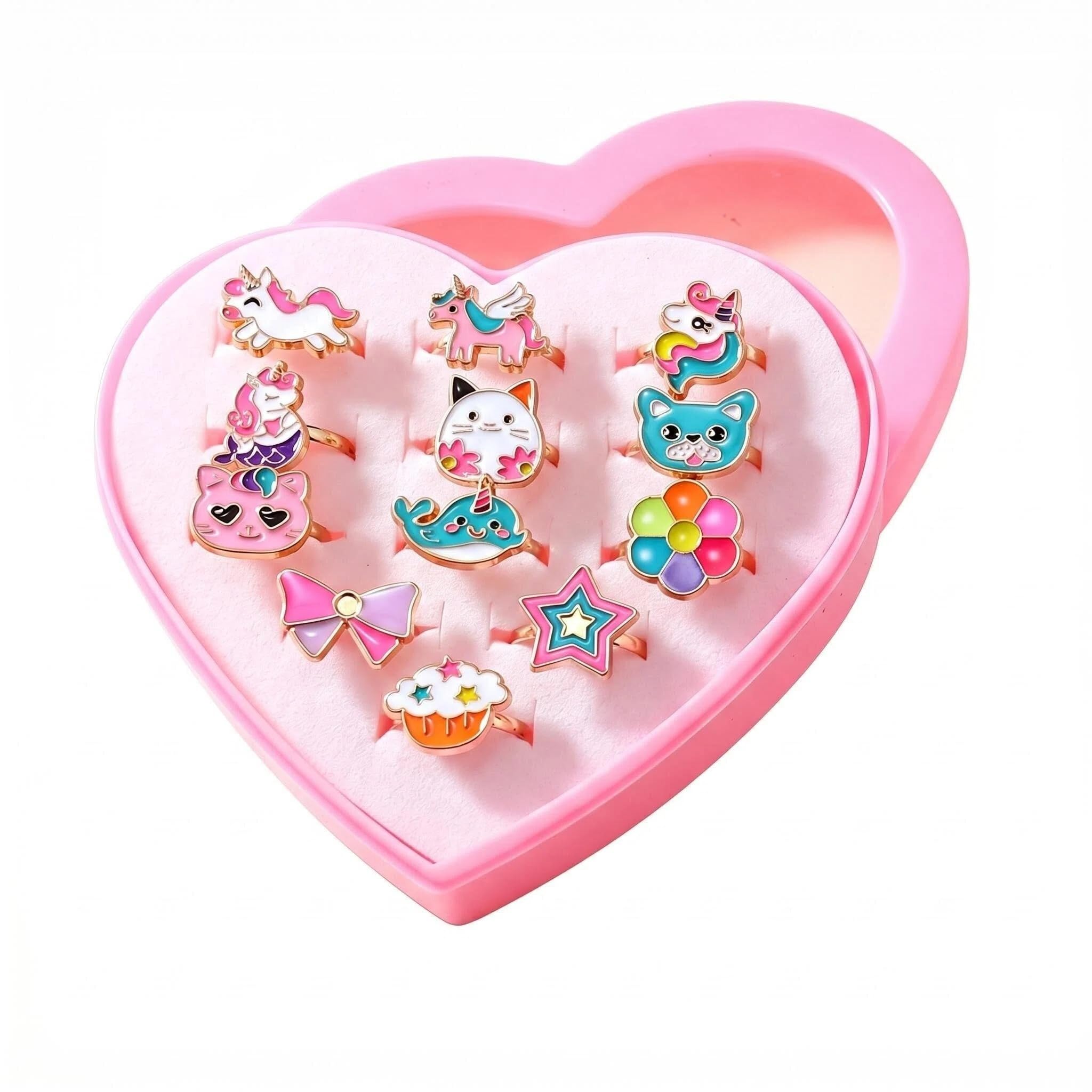 RARITYLL Kids Rings for Girls, 12Pcs Adjustable Princess Dress Up Toys, Childrens Jewelry Set with Heart Box for Birthday Party Favors Gifts