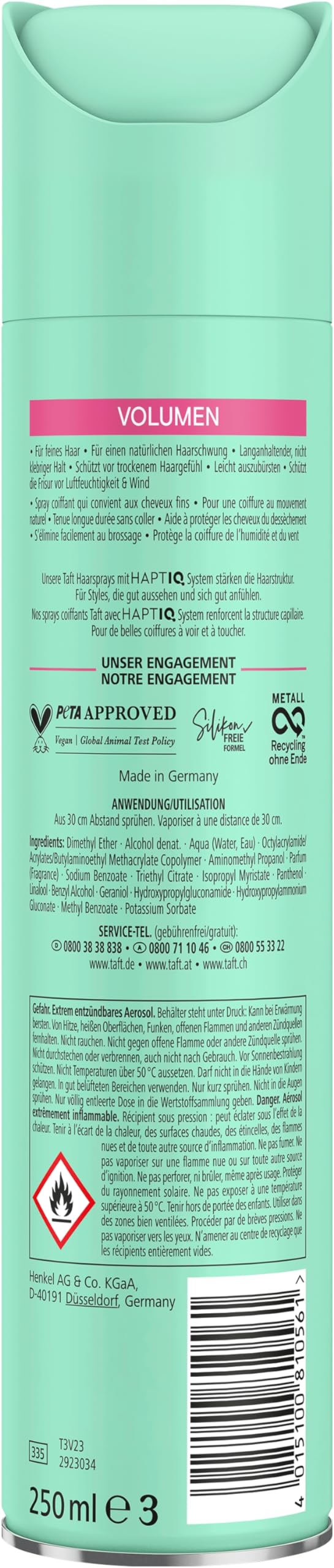Schwarzkopf TAFT - Aerosol para el cabello (8 x 250 ml), grado de sujeción 4 para cabello fino, spray para el cabello fino, fórmula vegana