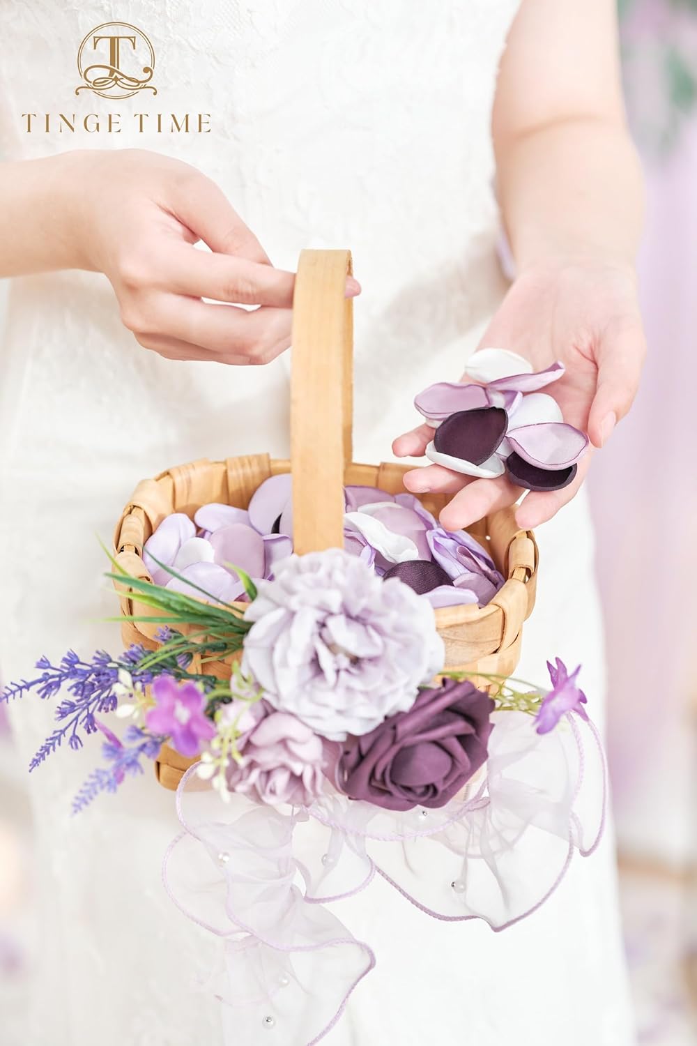 TINGE TIME Set of 3 Artificial Flowers Decoration Wedding Basket for Flower Girl with Flower Crown, Flowers Basket, 400pcs Silk Rose Petals (Lavender & Plum)