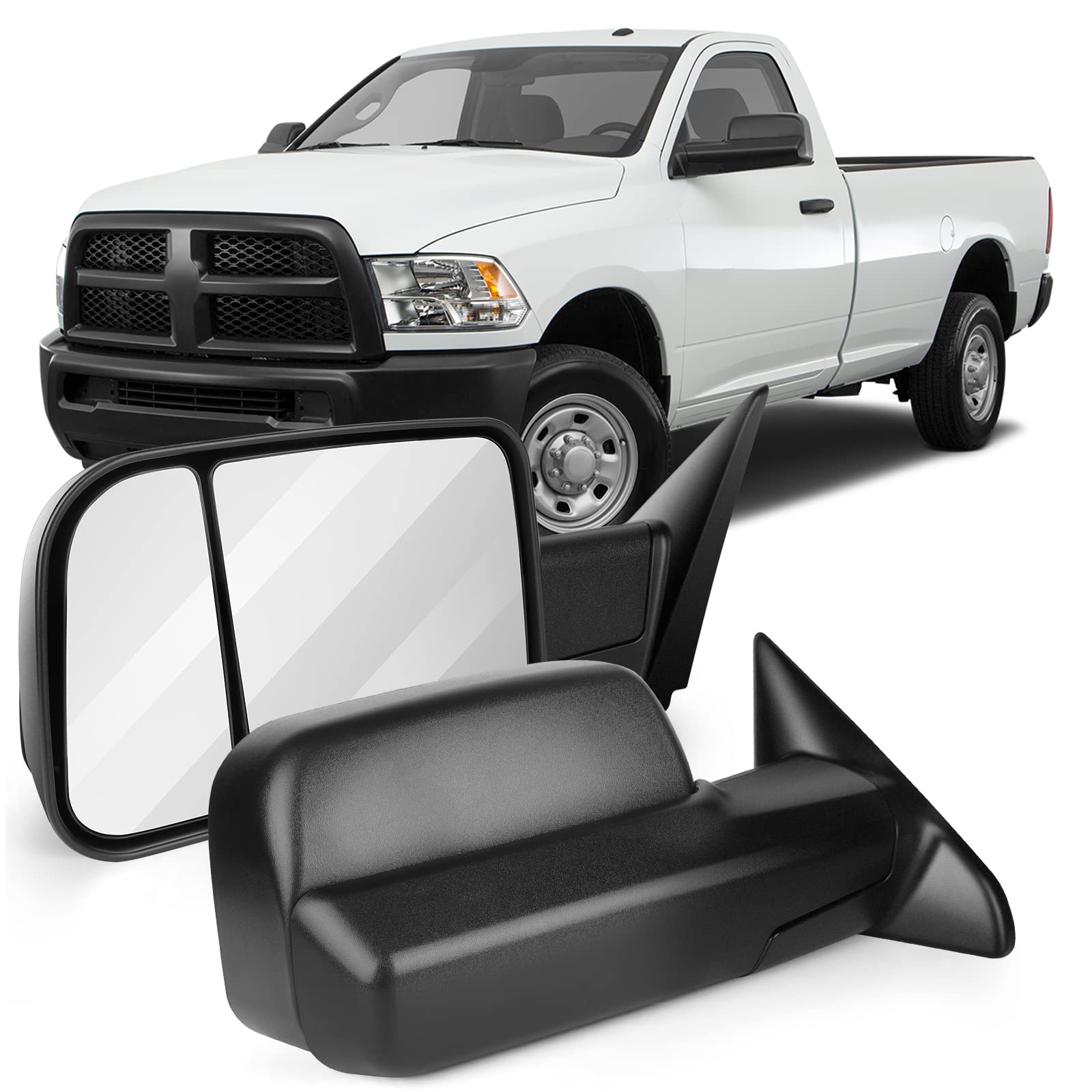 OCPTY A Pair Of Towing Mirrors Replacement Fit For 2009-2015 For Dodge For Ram 1500 2010-2015 For Dodge For Ram 2500 3500 Pickup Truck Tow Mirrors Power Adjusted Heated No Turn Signal Housing
