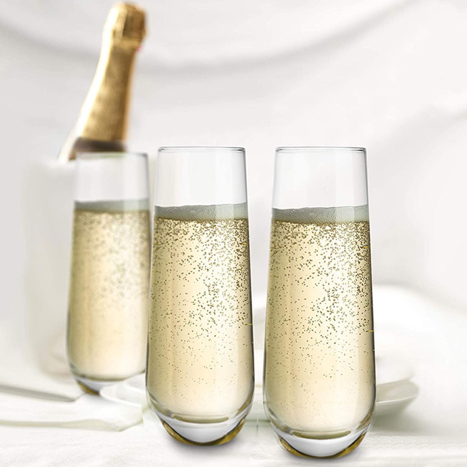 Set di 6 flute da champagne, 280 ml, in cristallo senza stelo, calici da champagne trasparenti, calici da prosecco, calici da vino senza stelo per giardino, matrimoni, compleanni, feste,