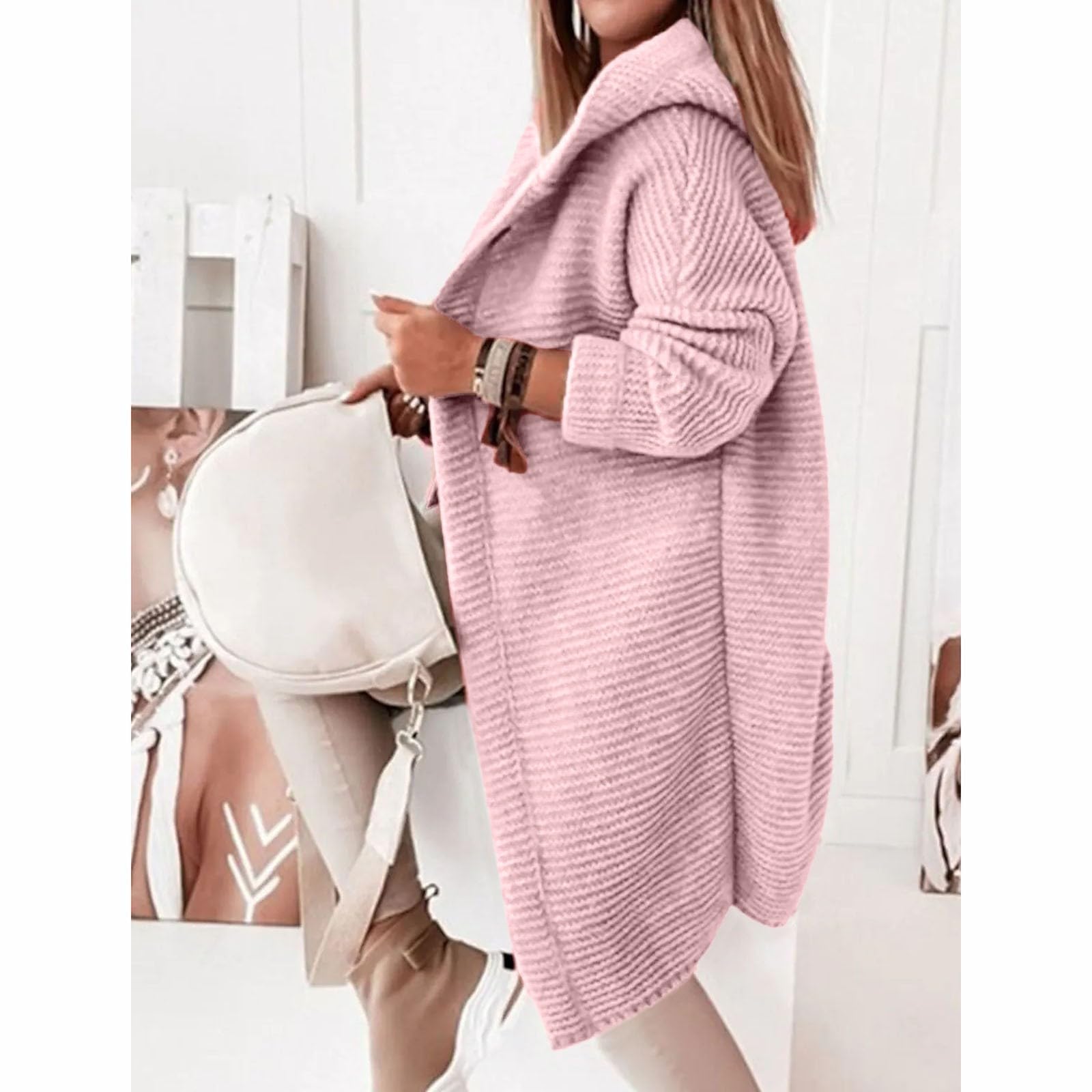 Strickjacke Damen Lang Mit Kapuze Pullover & Strickjacken Für Damen Winter Warme Strickmantel Damen Dicke Strickjacke Grobstrick Winterjacke Strick Cardigan Frauen Elegant Sweater Mit Knöpfen