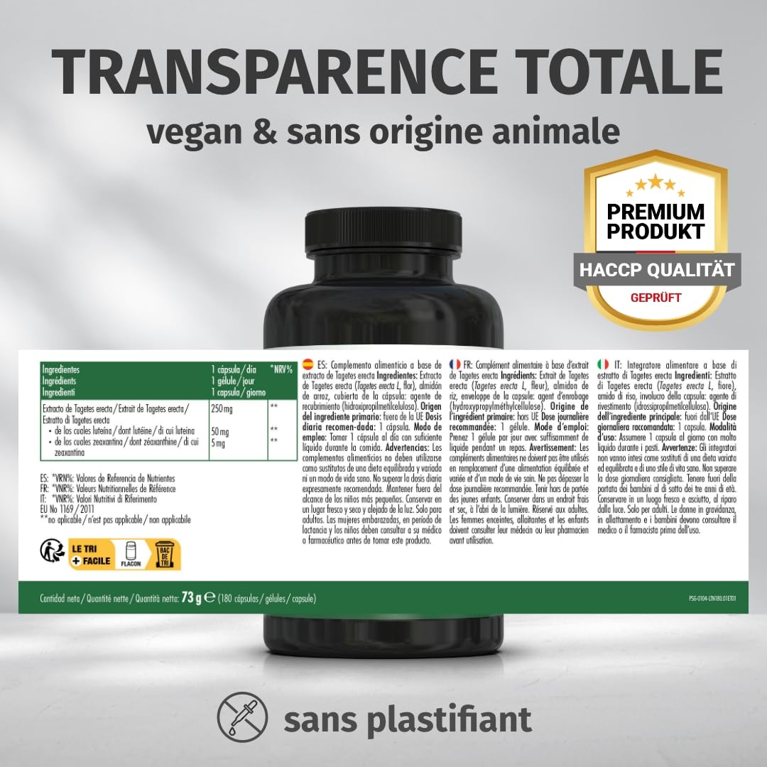 Green Naturals® Lutéine – Hautement dosée 50 mg de lutéine & 5 mg de zéaxanthine issus de 250 mg d’extrait naturel de tagète (Tagetes erecta) – 180 gélules (6 mois)