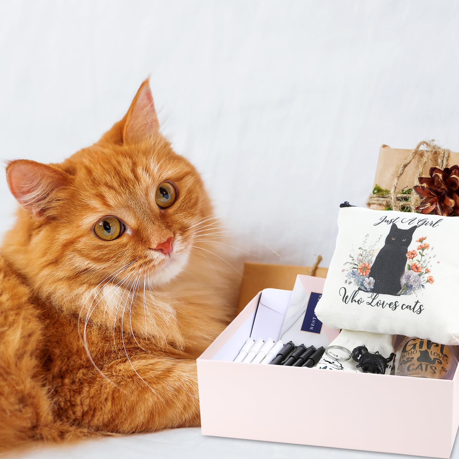 Aliceset 62 piezas de regalos para amantes de los gatos para mujeres, juegos de regalos para mamá y gato, incluye bolsa de maquillaje con patrón de gato, bolsa de maquillaje, calcetines de vidrio de