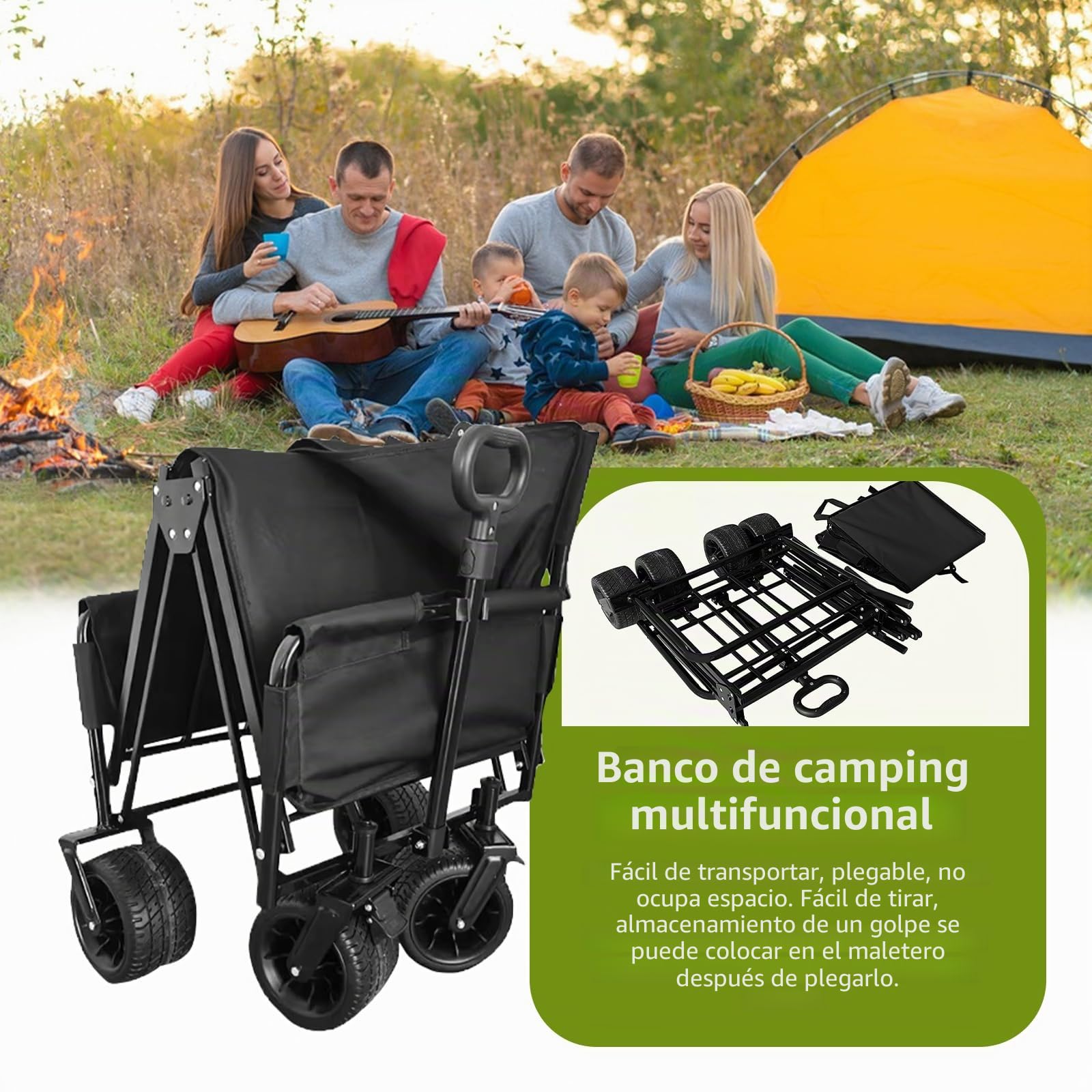 Carro Playa Plegable con Ruedas 2 en 1, Carrito de Transporte con Asiento Sofá, Carretilla de Jardín Robusta Carga 150kg, Gran Capacidad 180L, Trolley Todoterreno para Camping y Pesca