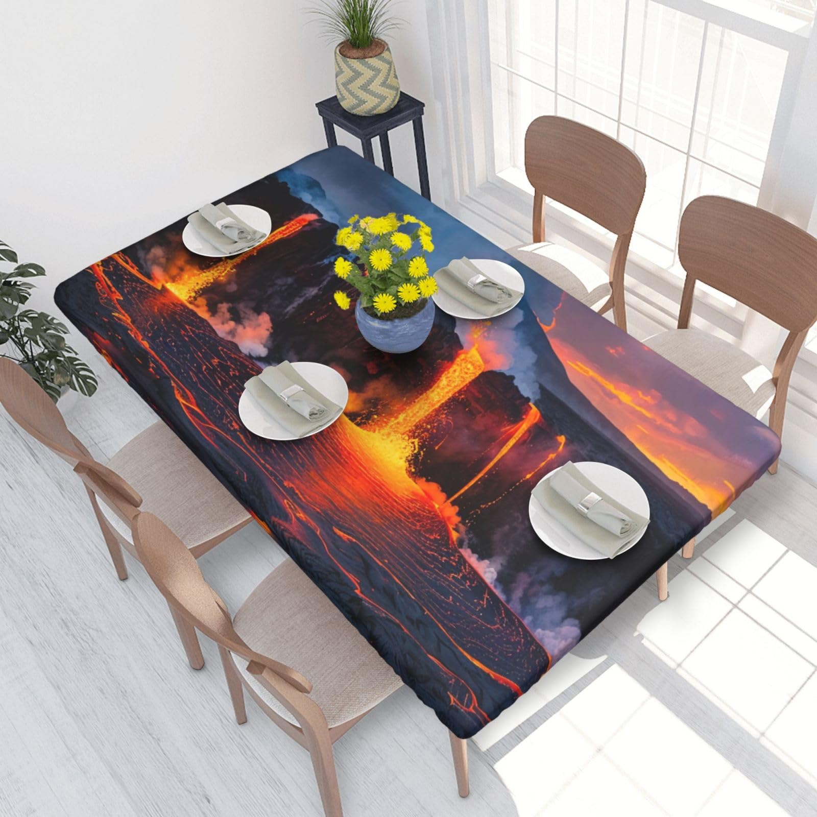 DCARSETCV Kilauea Volcano Printed 4FT Waterproof Tablecloth with Elastic Edged Protect & Decor Your Table, Oil-proof Washable Table Cloth Cover for Dinner Picnic Party