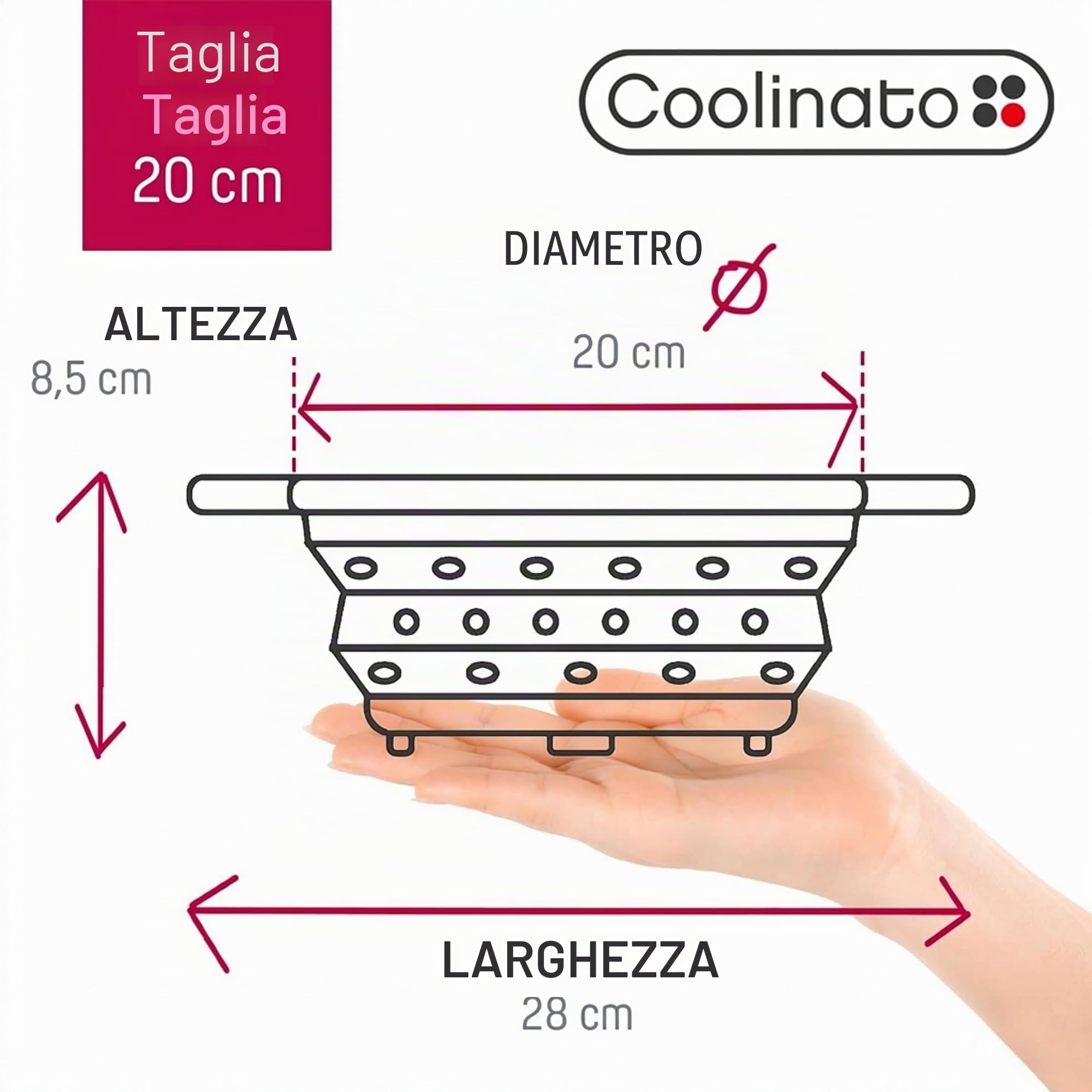 Coolinato – Scolapasta silicone pieghevole 20 cm grigio – Colino per pasta, verdura e frutta - Colapasta per lavastoviglie, senza BPA e termoresistente fino a 230°C - Setaccio salvaspazio richiudibile