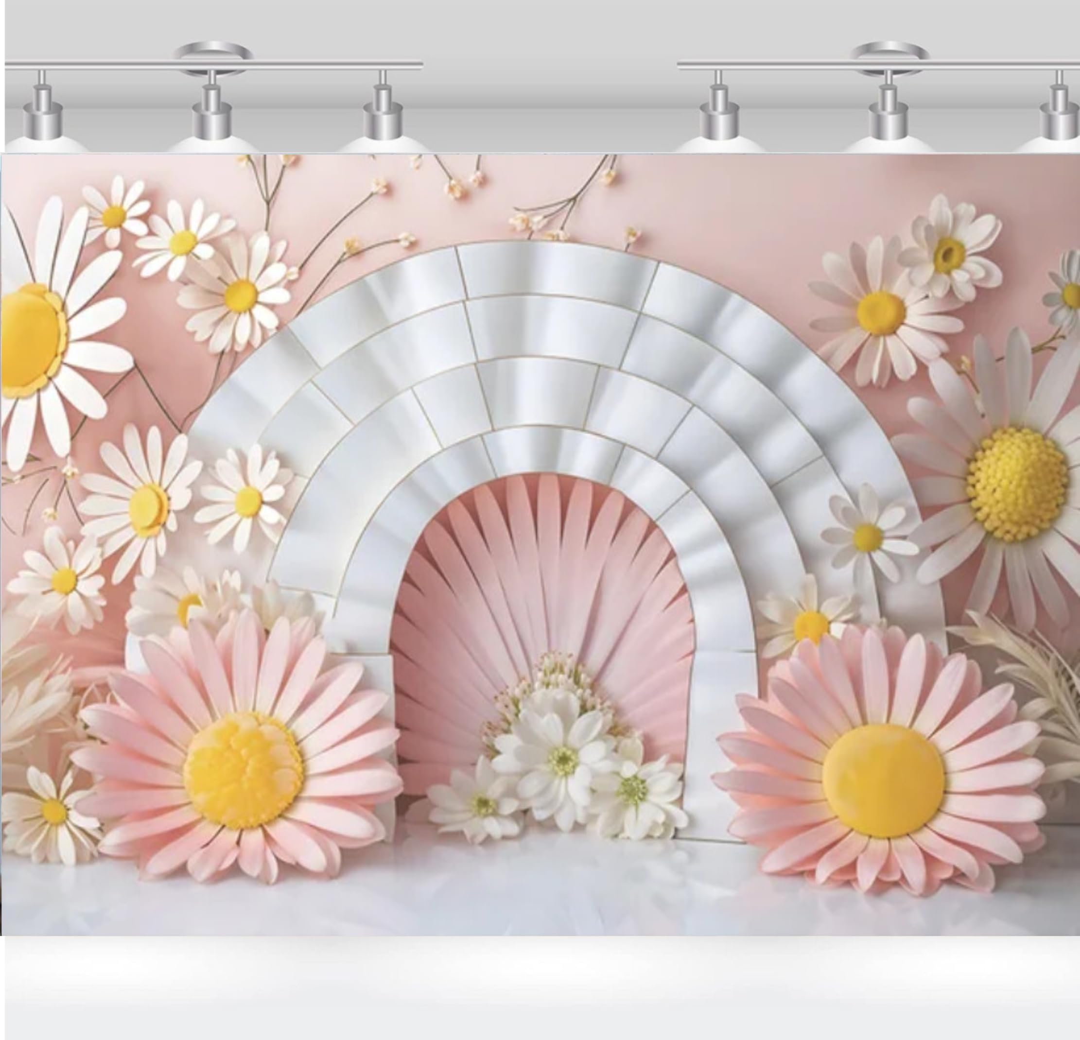 Daisy Arch Wall Portrait Backdrop Pink Girl Child 1st Birthday Party Decoration Cake Table Banner Photo Booth Props (7x5FT)
