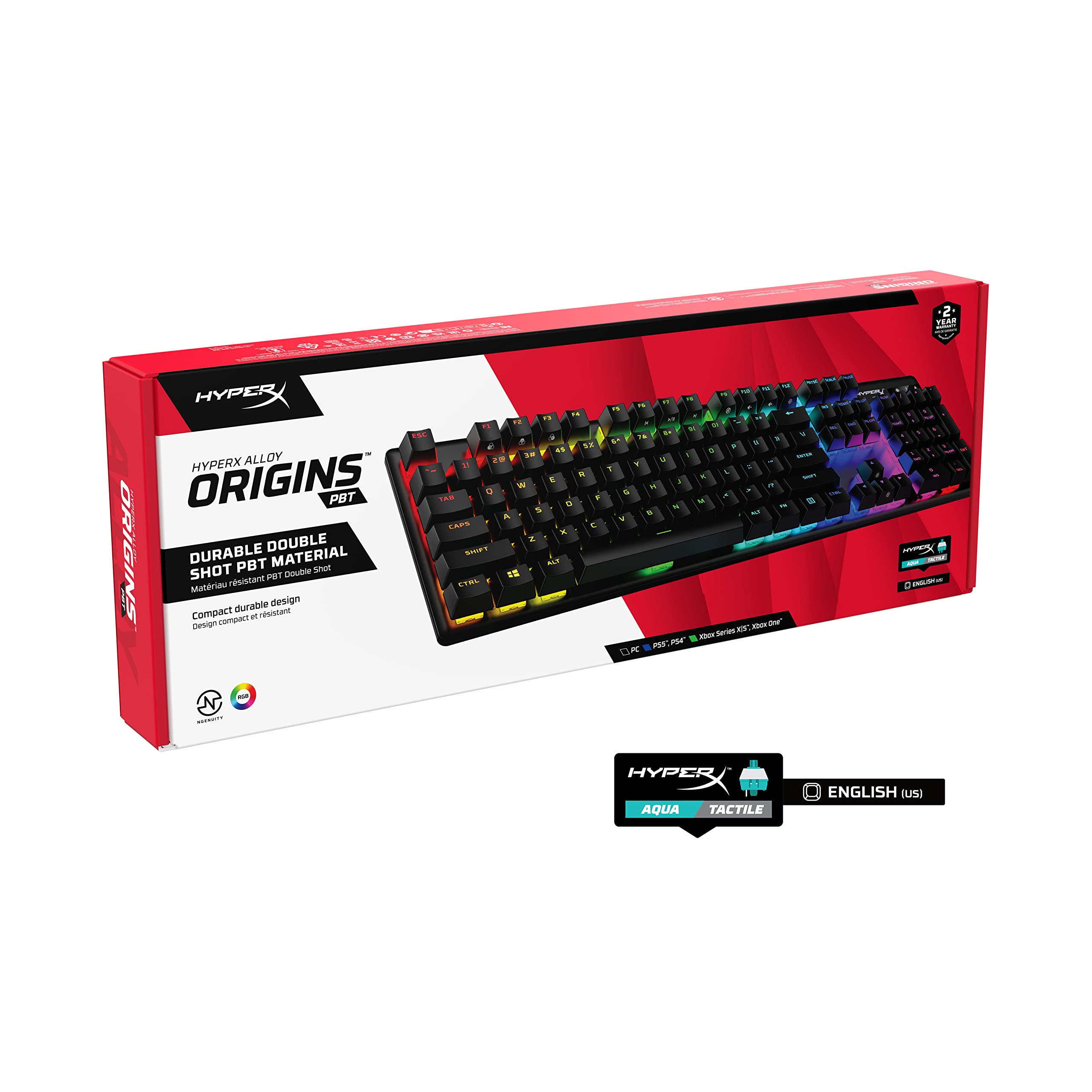 HyperX Alloy Origins PBT, Tastiera Meccanica da Gaming Cablata, Illuminazione RGB, Telaio in Alluminio, 80 Milioni di Pressioni, Copritasti presenti, 3 Dispositivi Collegabili, Layout Inglese, Nera