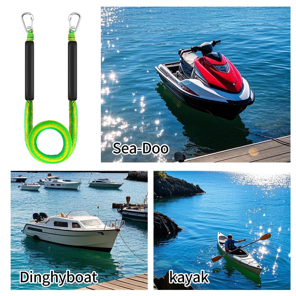 Lot de 2 cordes d'amarrage élastiques pour bateau avec double clips en acier inoxydable 316 pour basses, jet ski, kayak, ponton, embarcation, Waverunner, SeaDoo, canoë, vert