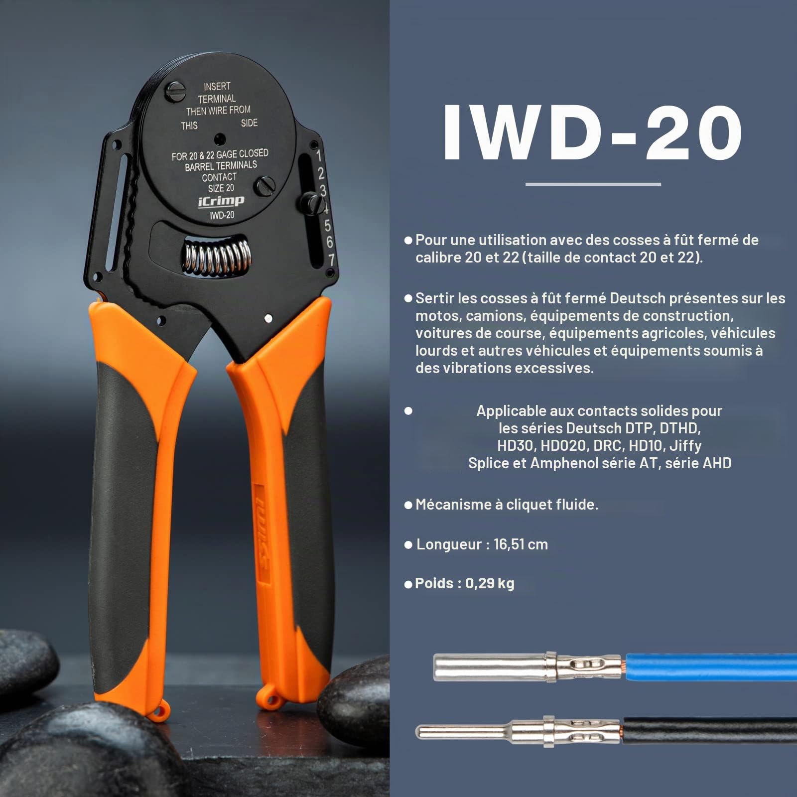iCrimp Pince à sertir Deutsch DTM 0,3–0,5 mm² contacts taille 20 | Pince à sertir Closed Barrel 4 empreintes pour contacts Deutsch et Amphenol, connecteurs série DTM