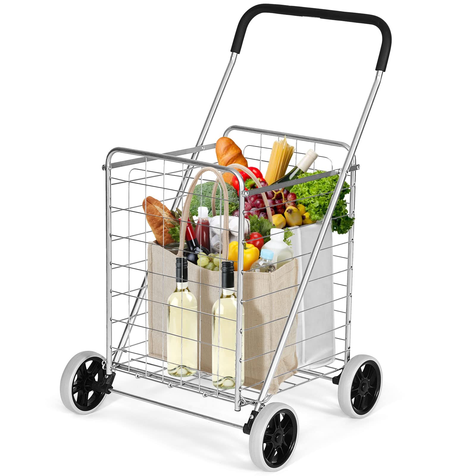GYMAX Chariot de Courses Pliable, Caddie de Courses à roulettes, Capacité 83L, avec Poignée en Mousse, Pratique pour Provisions/Shopping/Supermarché（M）