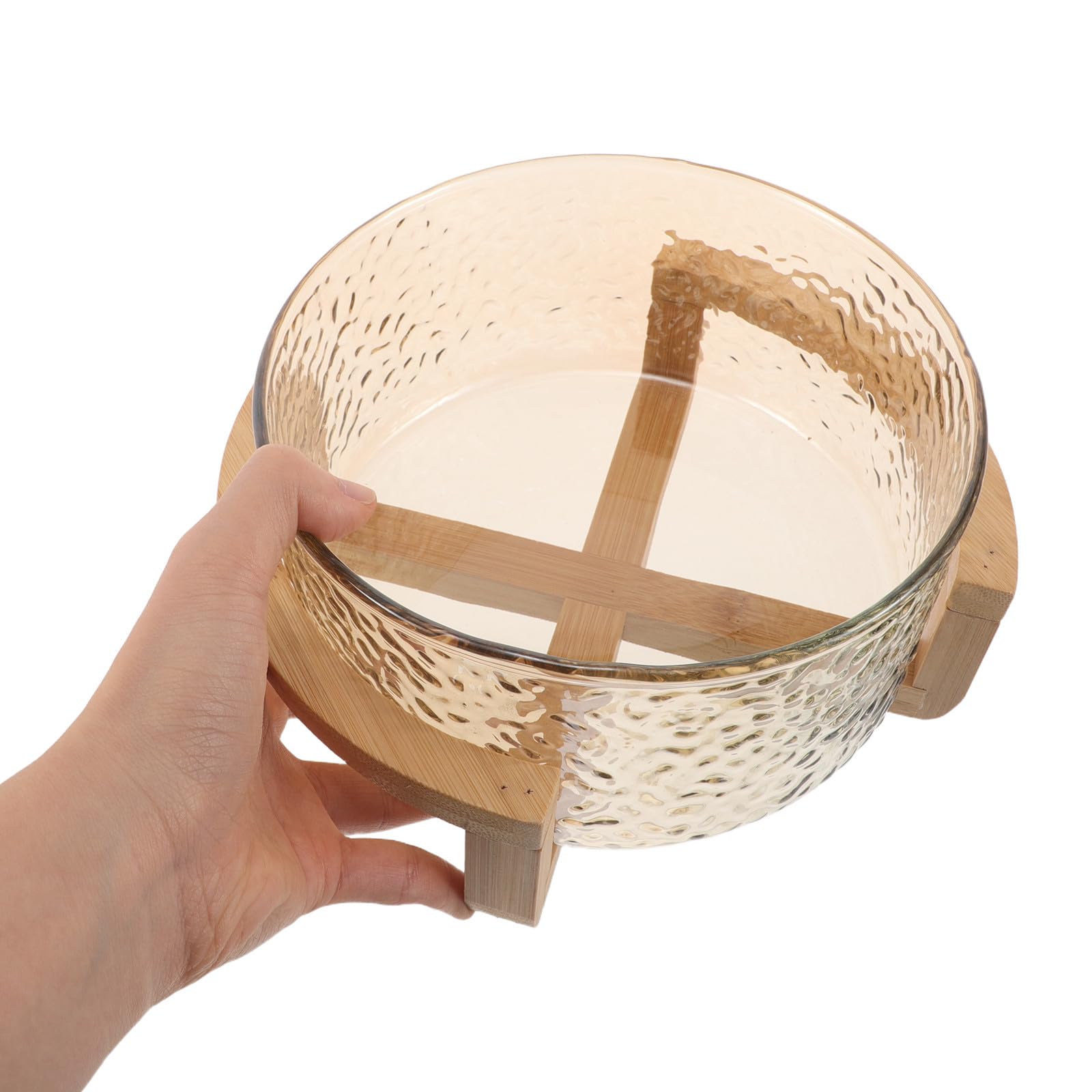 Bol para Ensalada de Vidrio con Efecto Ondas de Agua y Base de Bambú Dorado, Elegante y Resistente, Adecuado para Picnics y Mesa de Comedor