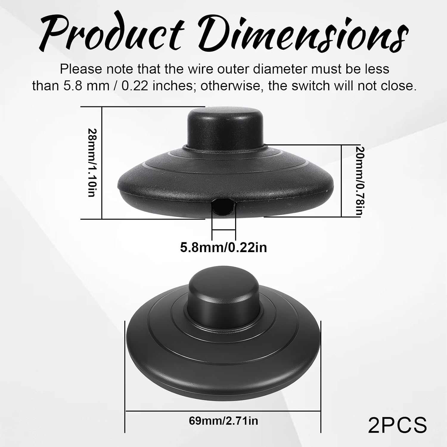 2-Pack Floor Foot Switch, Round Black Inline Foot Pedal Switch Step-on-Button Switches for Floor Lamp On-Off Control